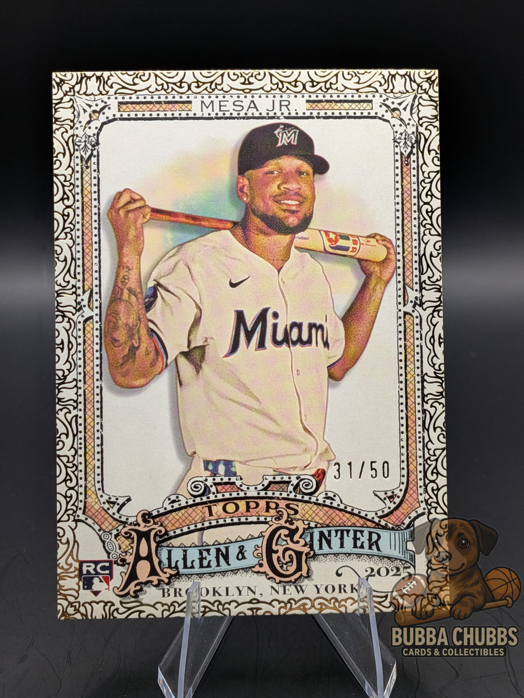 baseball trading card featuring victor mesa jr. topps allen & Ginter gold filigree numbered rookie 