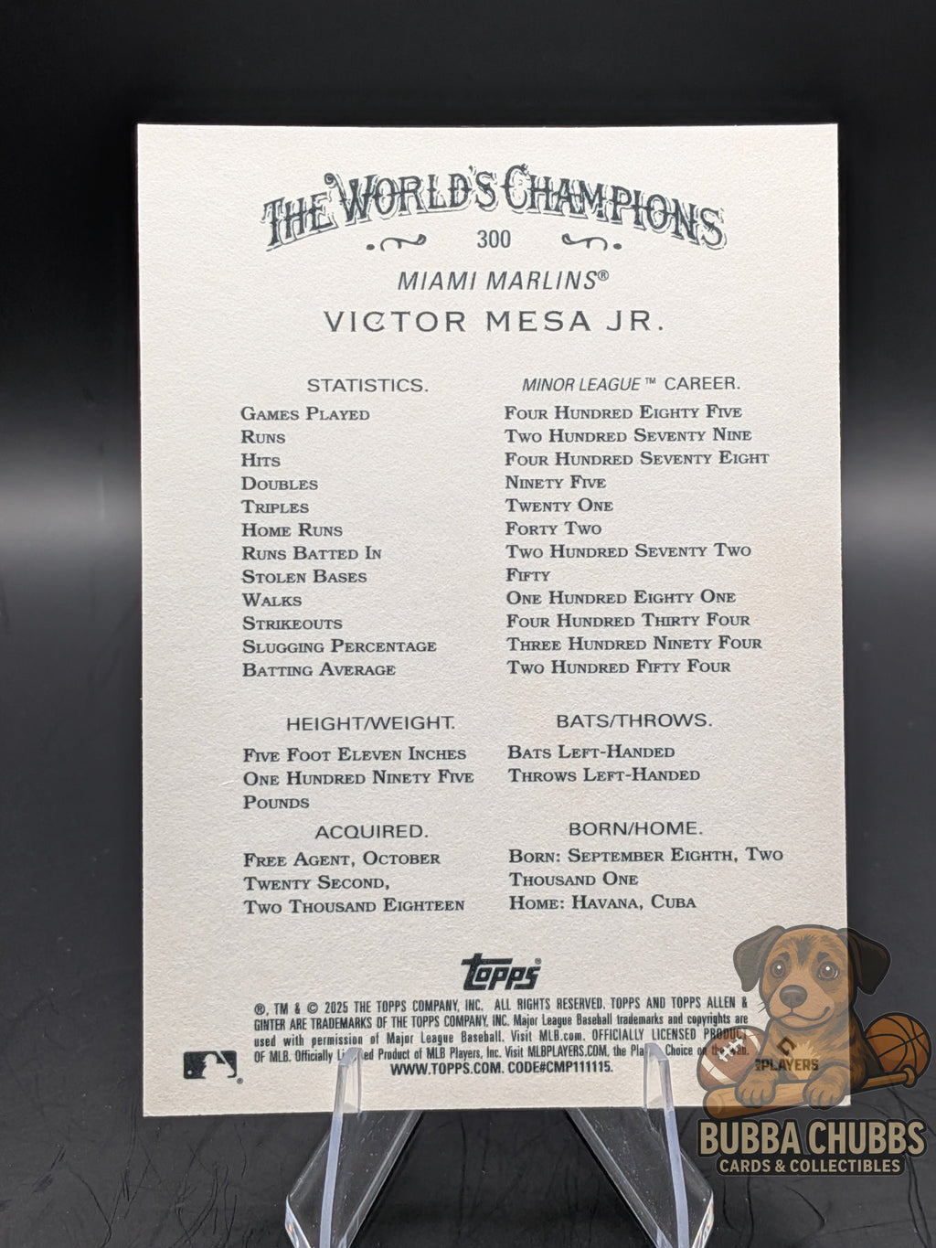 baseball trading card featuring victor mesa jr. topps allen & Ginter gold filigree numbered rookie 