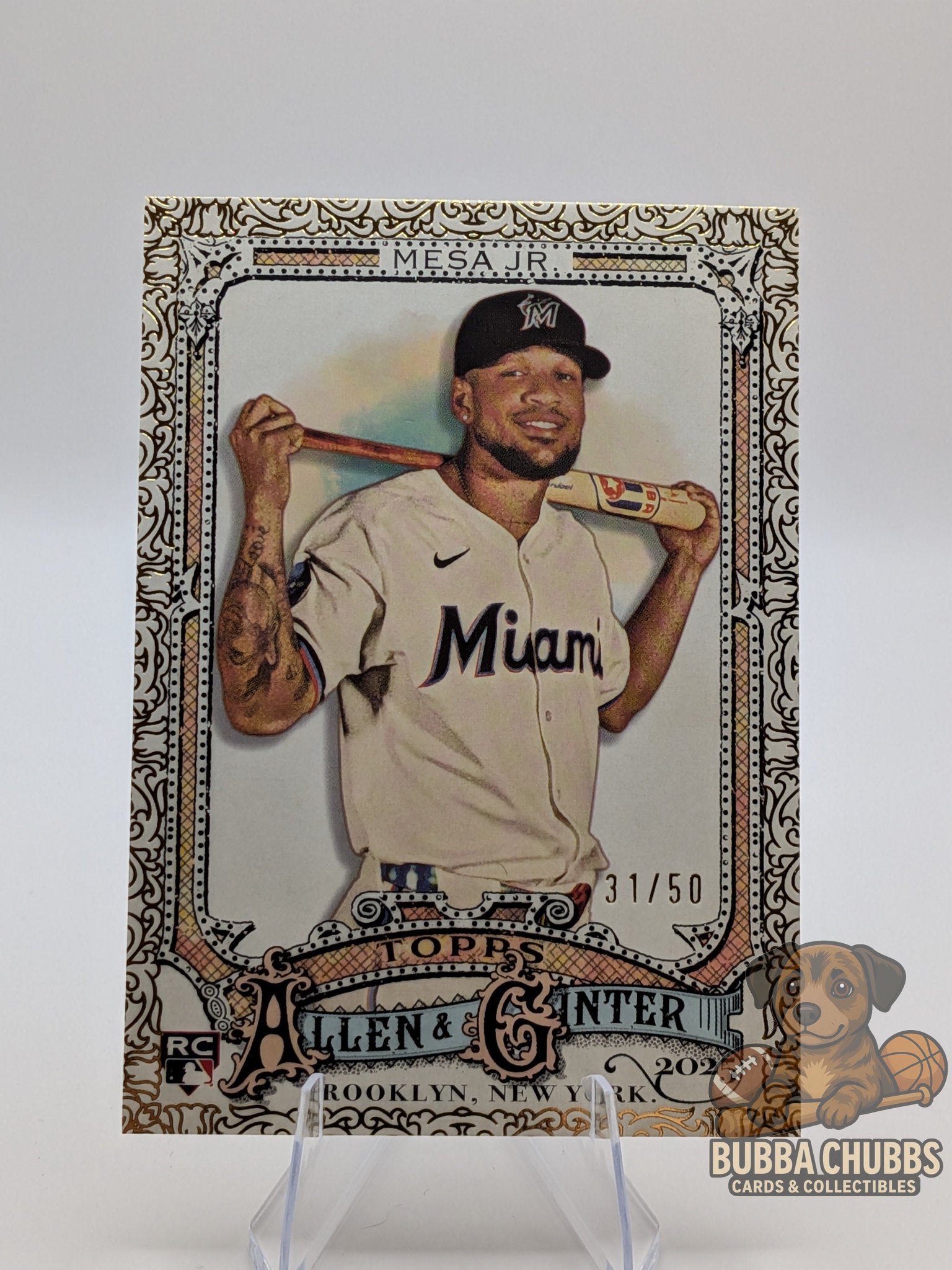 baseball trading card featuring victor mesa jr. topps allen & Ginter gold filigree numbered rookie 