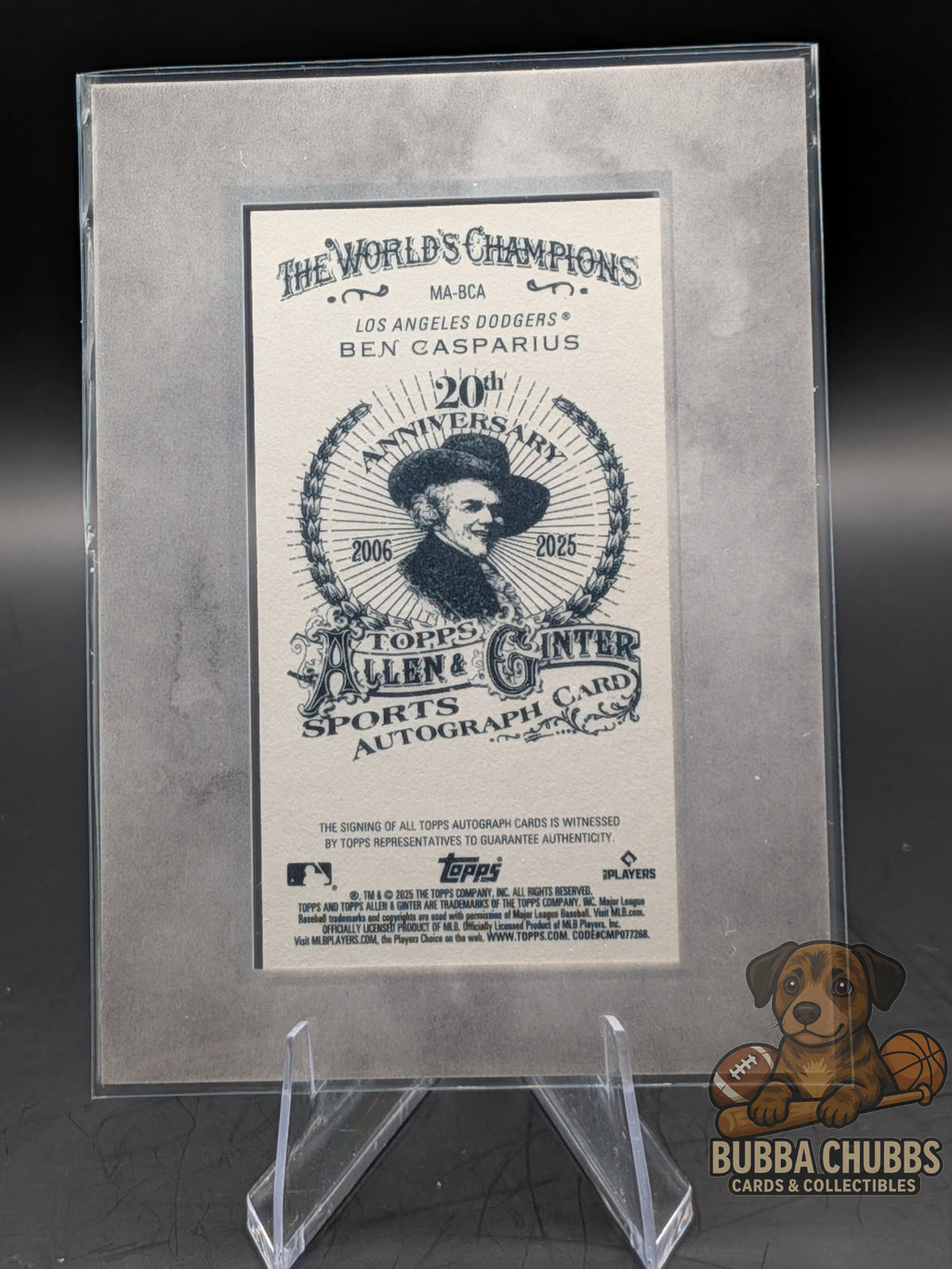 Baseball trading card of Ben Casparius rookie autograph topps allen & ginter X silver frame mini numbered