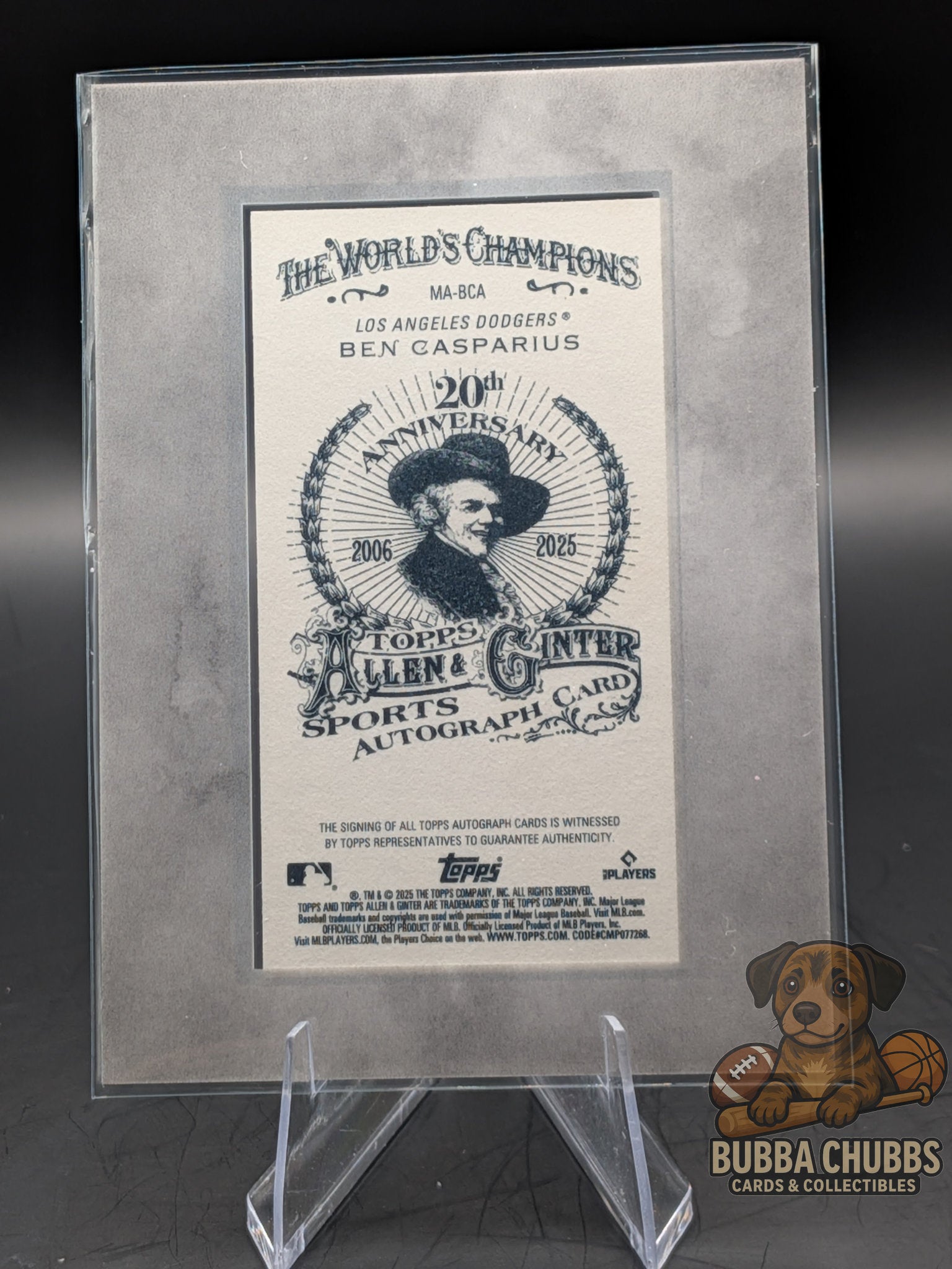 Baseball trading card of Ben Casparius rookie autograph topps allen & ginter X silver frame mini numbered