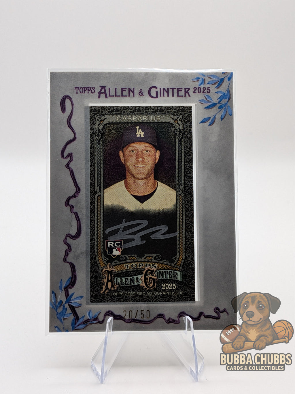 Baseball trading card of Ben Casparius rookie autograph topps allen & ginter X silver frame mini numbered