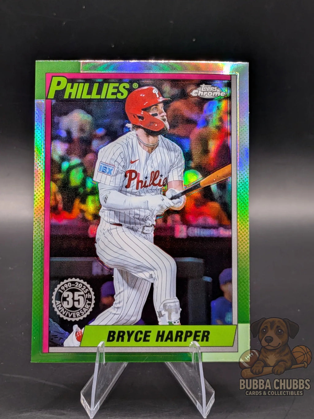 Baseball trading card of Bryce Harper of the Philadelphia Phillies topps chrome 35th Anniversary insert parallel
