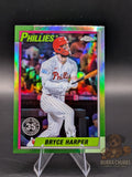 Baseball trading card of Bryce Harper of the Philadelphia Phillies topps chrome 35th Anniversary insert parallel