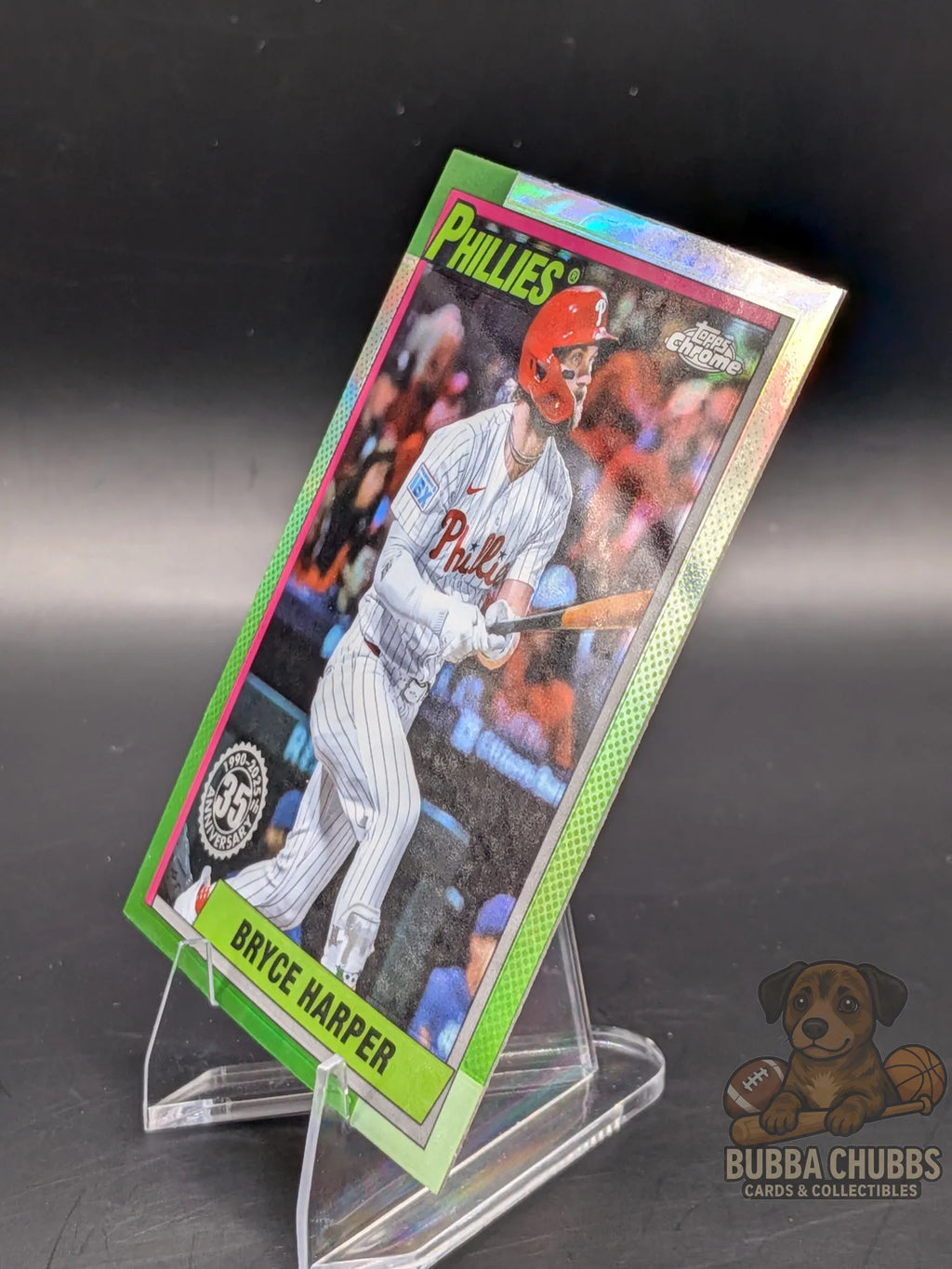 Baseball trading card of Bryce Harper of the Philadelphia Phillies topps chrome 35th Anniversary insert parallel