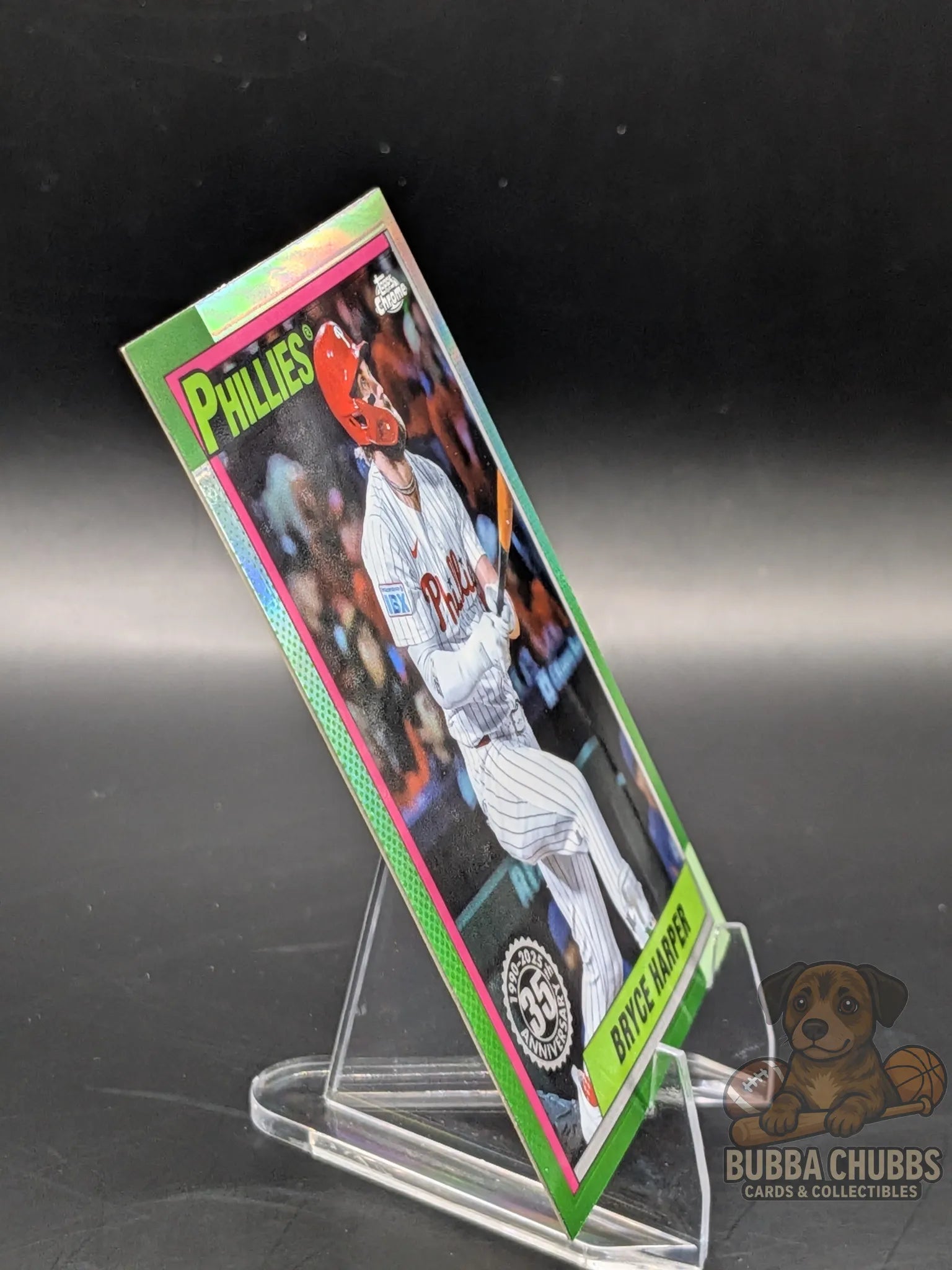 Baseball trading card of Bryce Harper of the Philadelphia Phillies topps chrome 35th Anniversary insert parallel