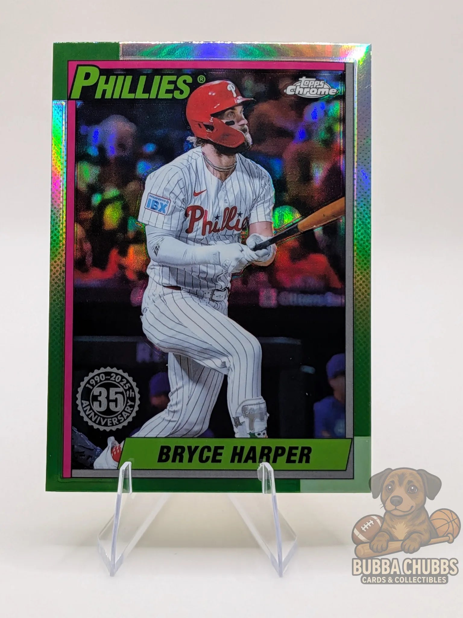 Baseball trading card of Bryce Harper of the Philadelphia Phillies topps chrome 35th Anniversary insert parallel