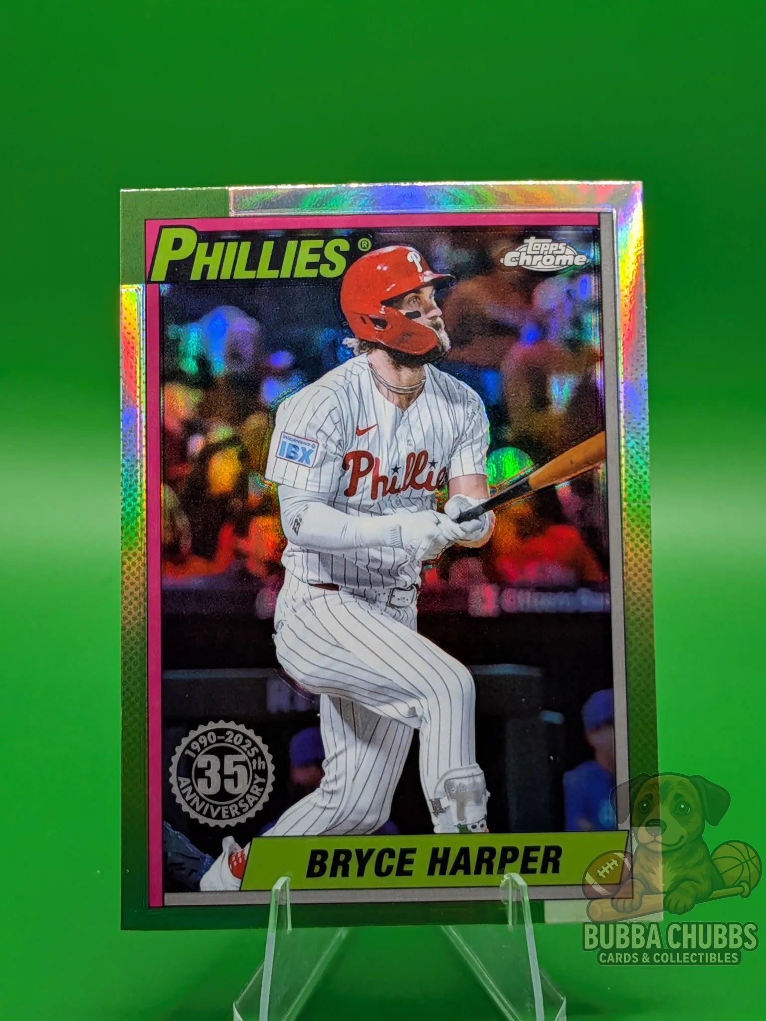 Baseball trading card of Bryce Harper of the Philadelphia Phillies topps chrome 35th Anniversary insert parallel
