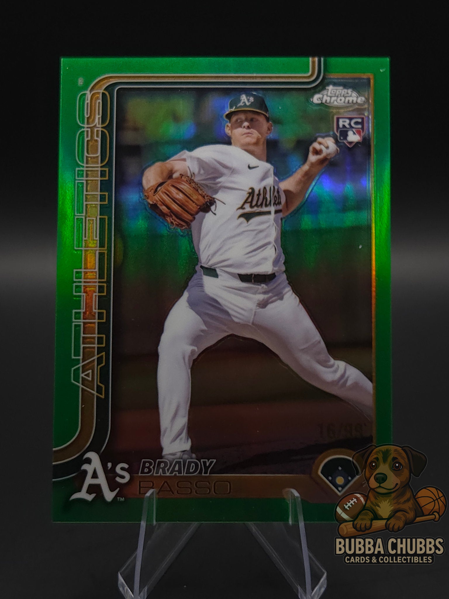 Baseball trading card of Brady Basso topps chrome green refractor rookie numbered