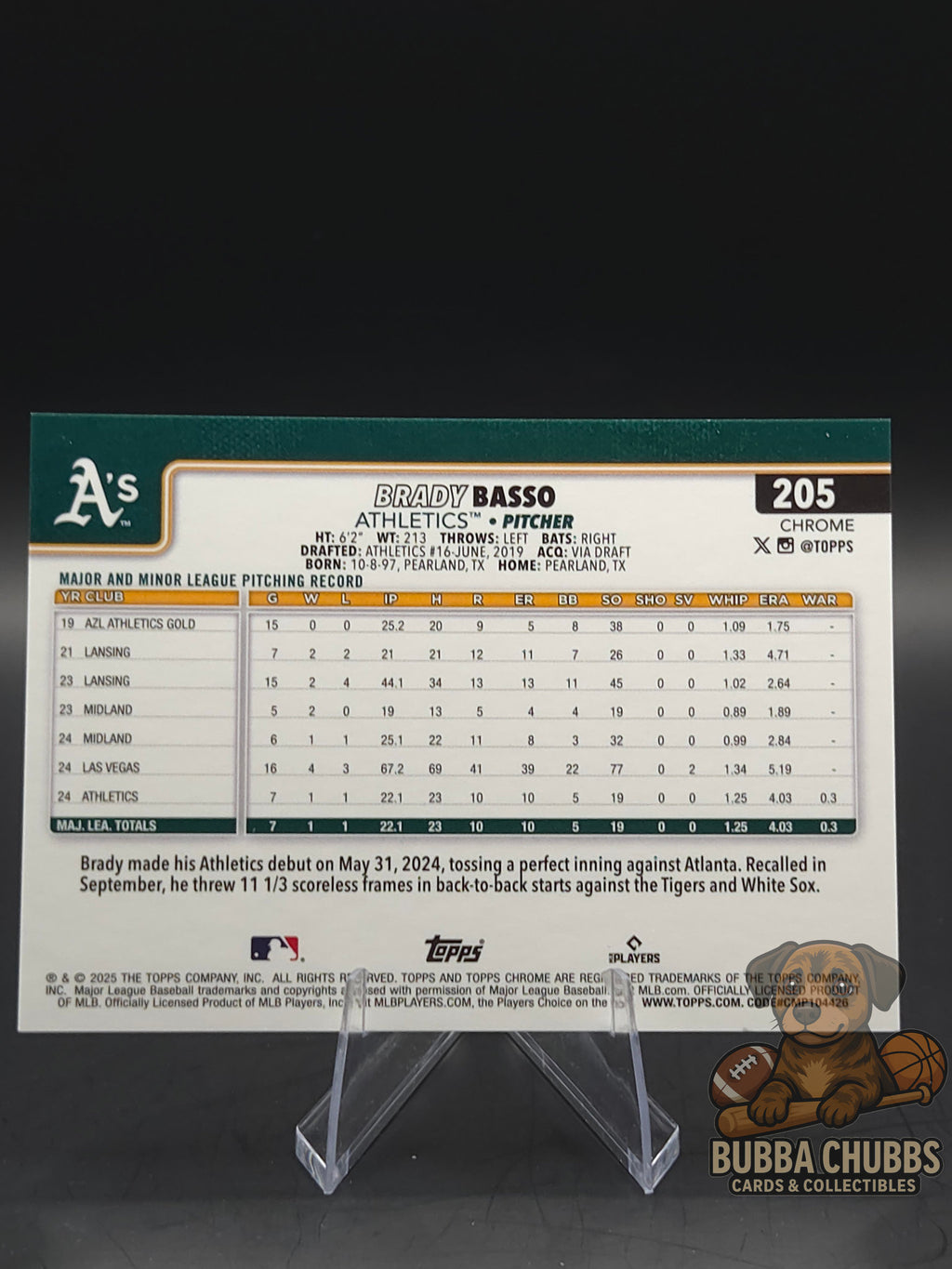 Baseball trading card of Brady Basso topps chrome green refractor rookie numbered