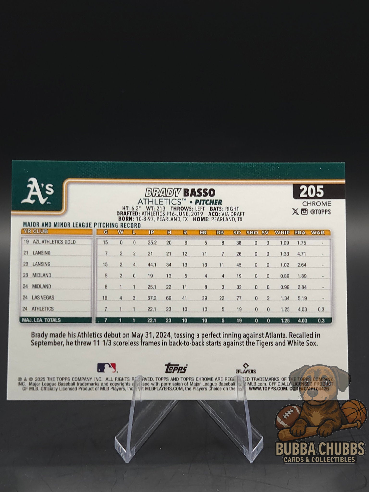 Baseball trading card of Brady Basso topps chrome green refractor rookie numbered