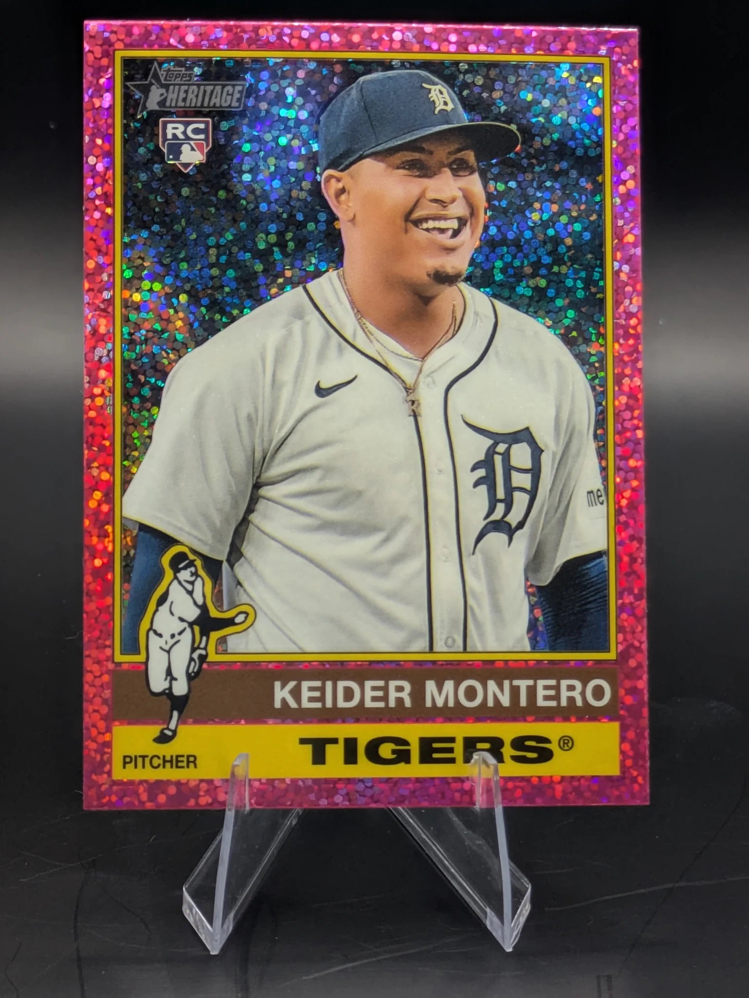 Baseball trading card of Keider Montero Detroit Tigers Pink Sparkle Parallel Foil Topps Chrome Rookie