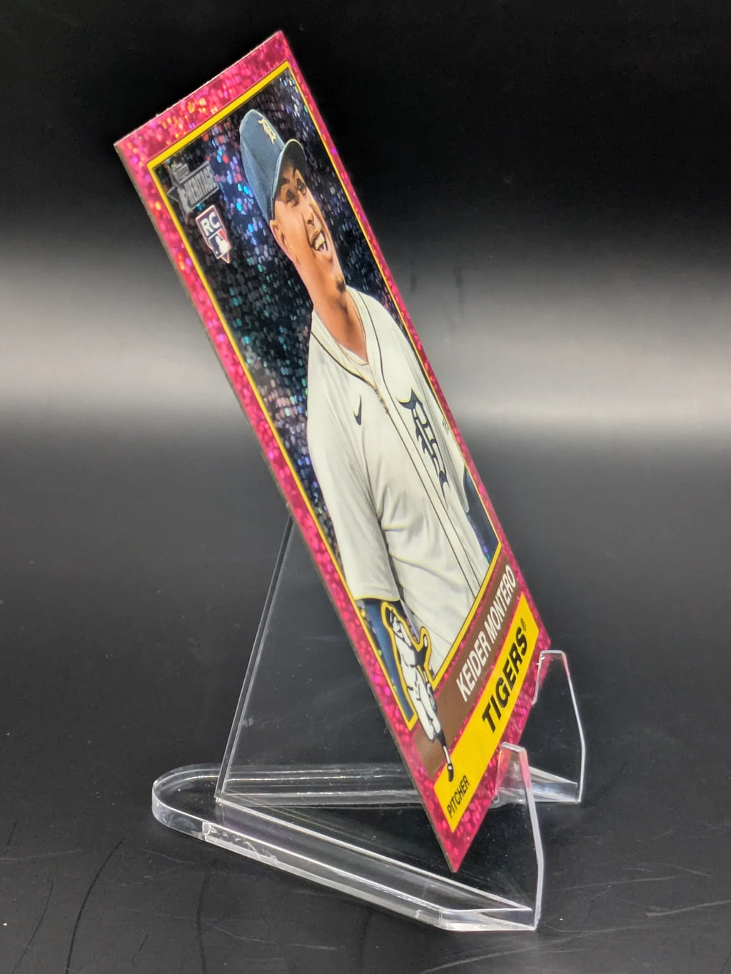 Baseball trading card of Keider Montero Detroit Tigers Pink Sparkle Parallel Foil Topps Chrome Rookie