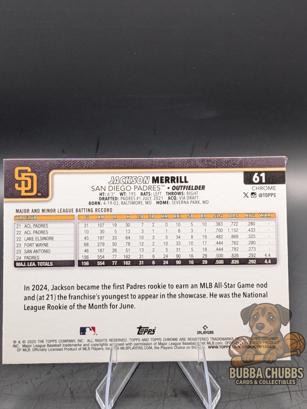 Baseball trading card of Jackson Merrill Topps Chrome All-Star Rookie