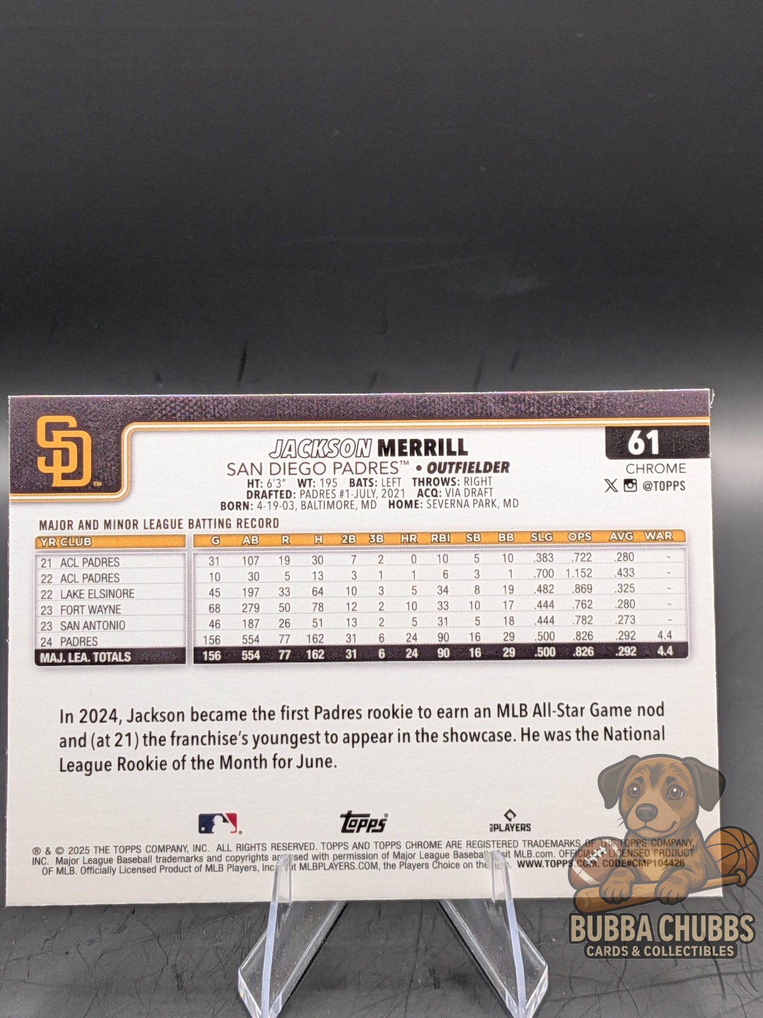 Baseball trading card of Jackson Merrill Topps Chrome All-Star Rookie