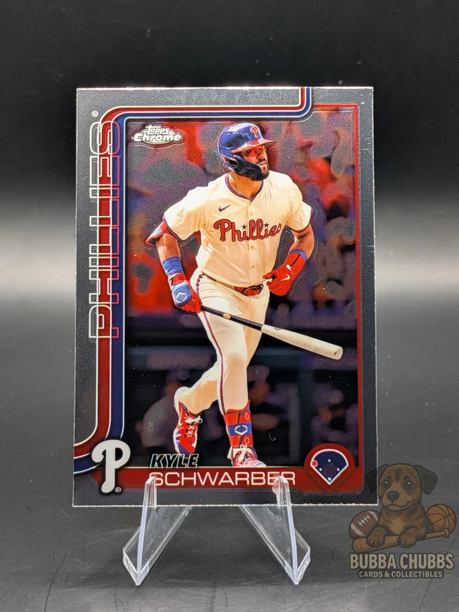 Baseball trading card of kyle schwarber of the Philadelphia Phillies topps chrome