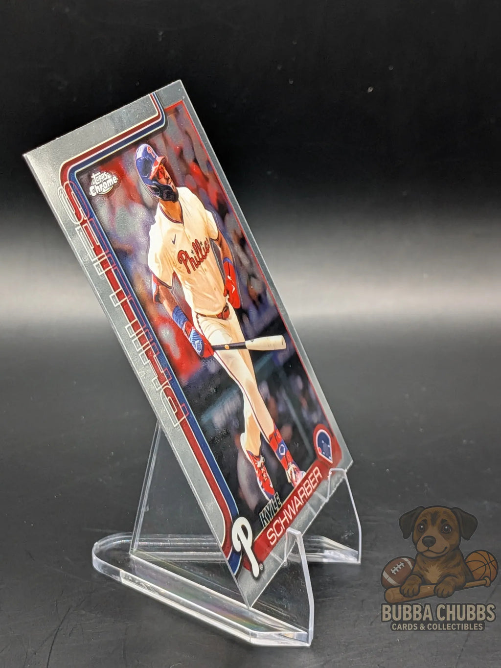 Baseball trading card of kyle schwarber of the Philadelphia Phillies topps chrome