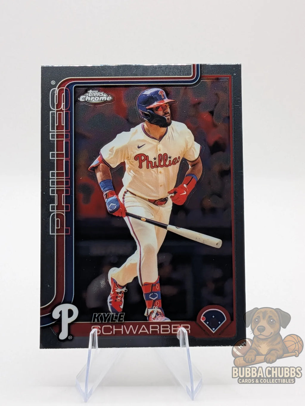 Baseball trading card of kyle schwarber of the Philadelphia Phillies topps chrome