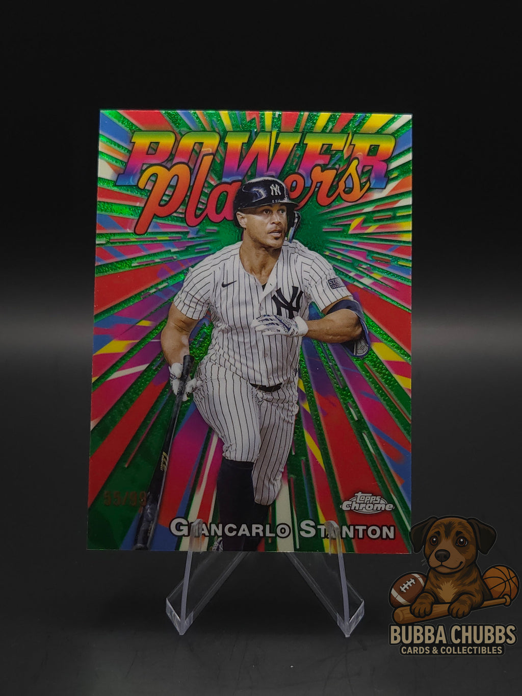 Baseball trading card featuring giancarlo stanton topps chrome green parallel number power players