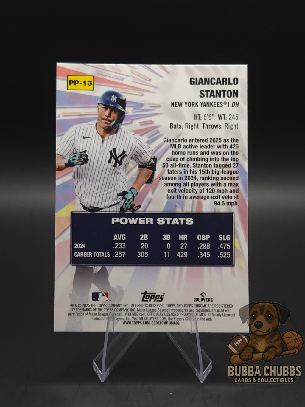 Baseball trading card featuring giancarlo stanton topps chrome green parallel number power players