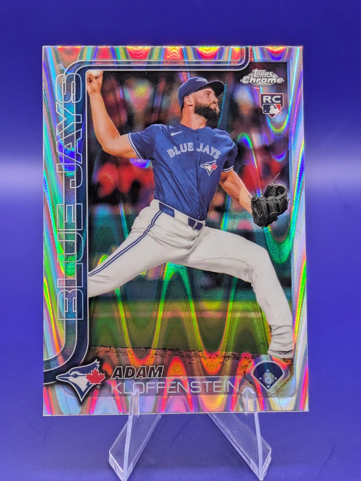 Baseball trading card of Adam Kloffenstein Toronto Blue Jays Topps Chrome Raywave Refractor Rookie