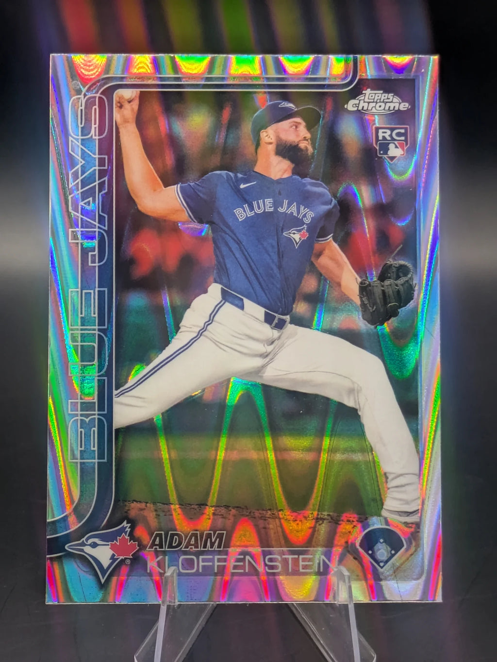 Baseball trading card of Adam Kloffenstein Toronto Blue Jays Topps Chrome Raywave Refractor Rookie