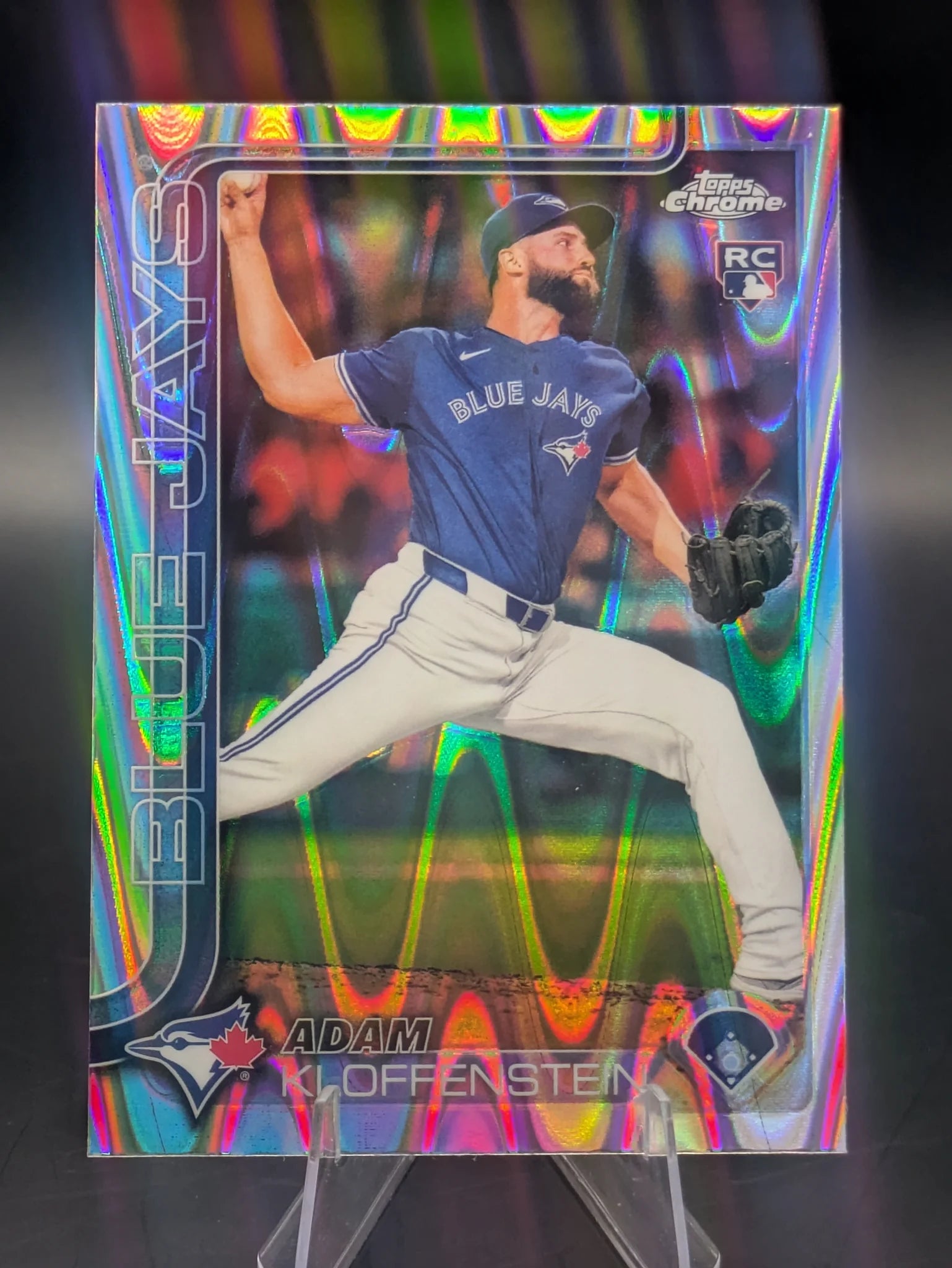 Baseball trading card of Adam Kloffenstein Toronto Blue Jays Topps Chrome Raywave Refractor Rookie