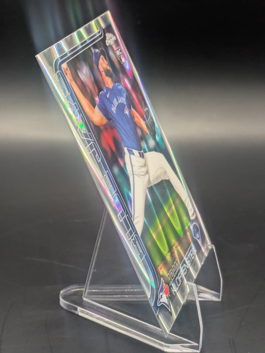Baseball trading card of Adam Kloffenstein Toronto Blue Jays Topps Chrome Raywave Refractor Rookie
