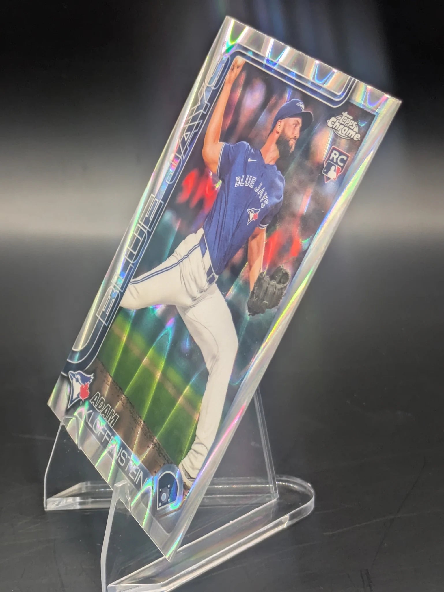 Baseball trading card of Adam Kloffenstein Toronto Blue Jays Topps Chrome Raywave Refractor Rookie