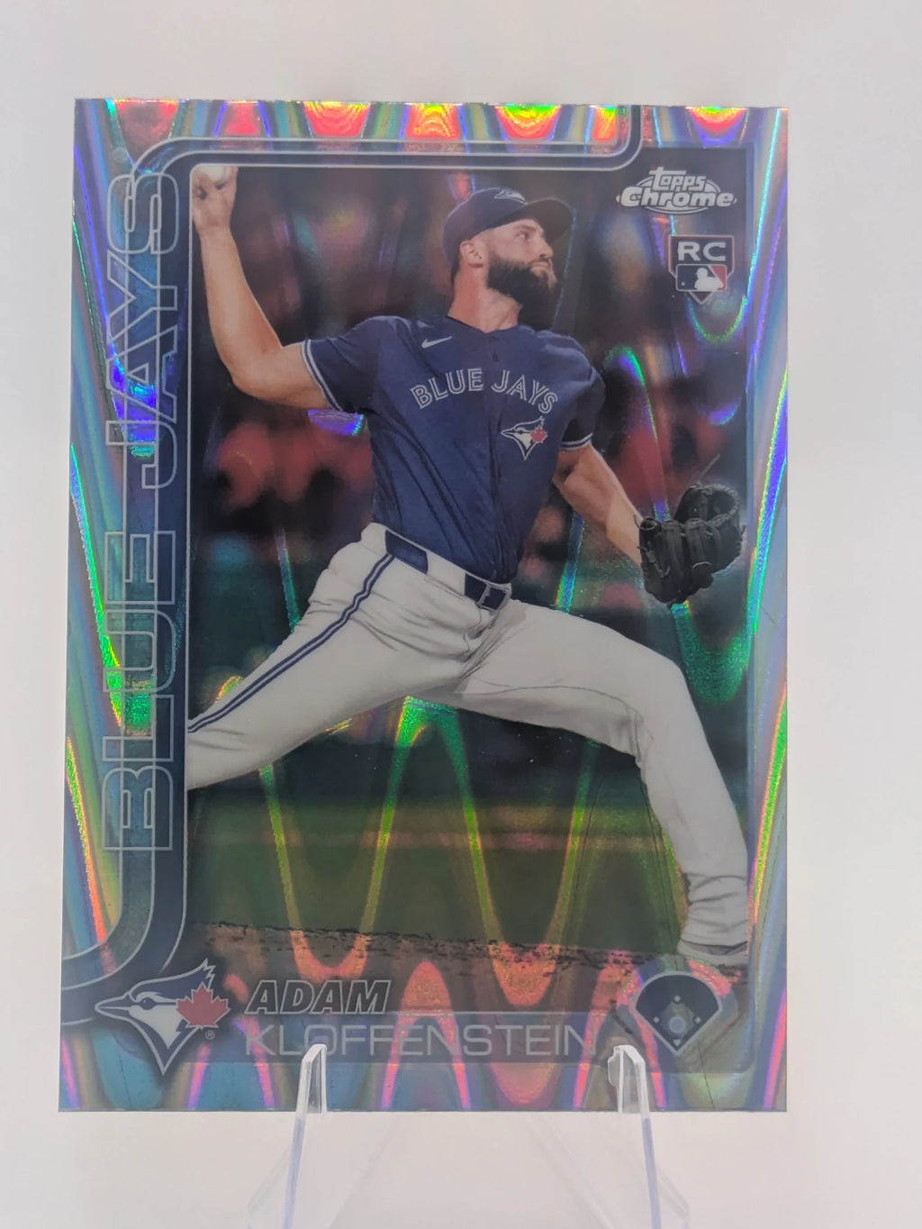 Baseball trading card of Adam Kloffenstein Toronto Blue Jays Topps Chrome Raywave Refractor Rookie
