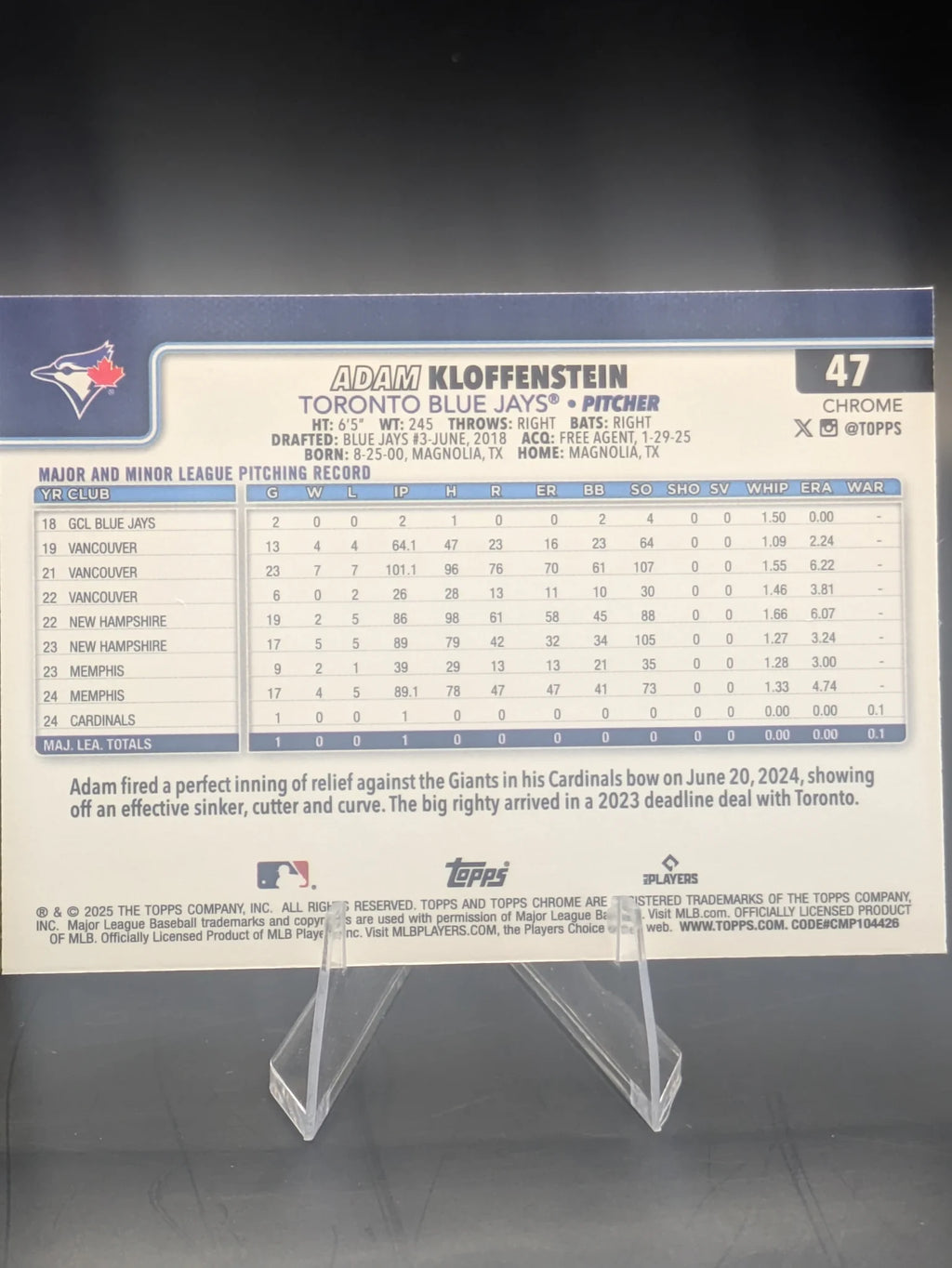 Baseball trading card of Adam Kloffenstein Toronto Blue Jays Topps Chrome Raywave Refractor Rookie