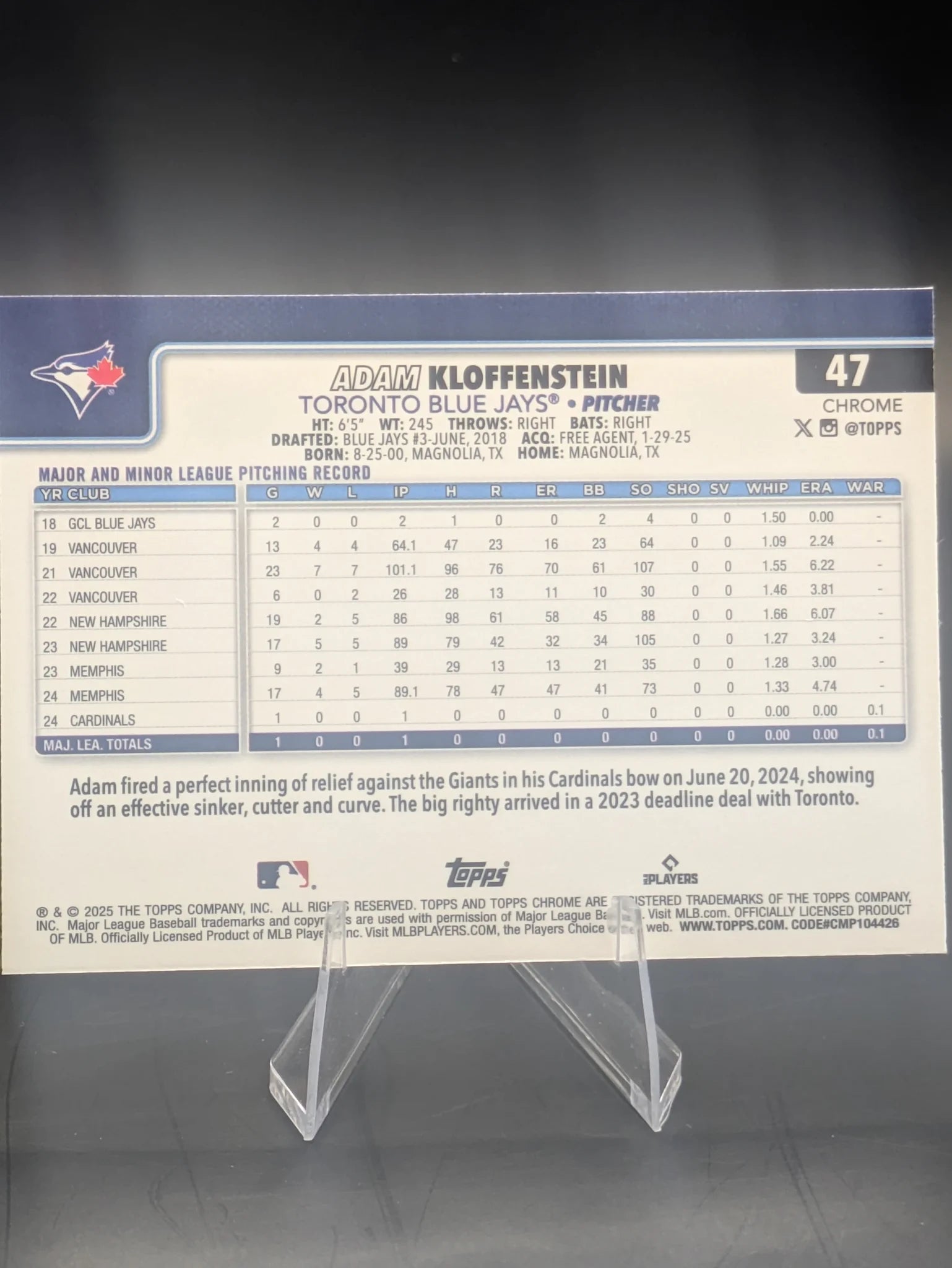 Baseball trading card of Adam Kloffenstein Toronto Blue Jays Topps Chrome Raywave Refractor Rookie