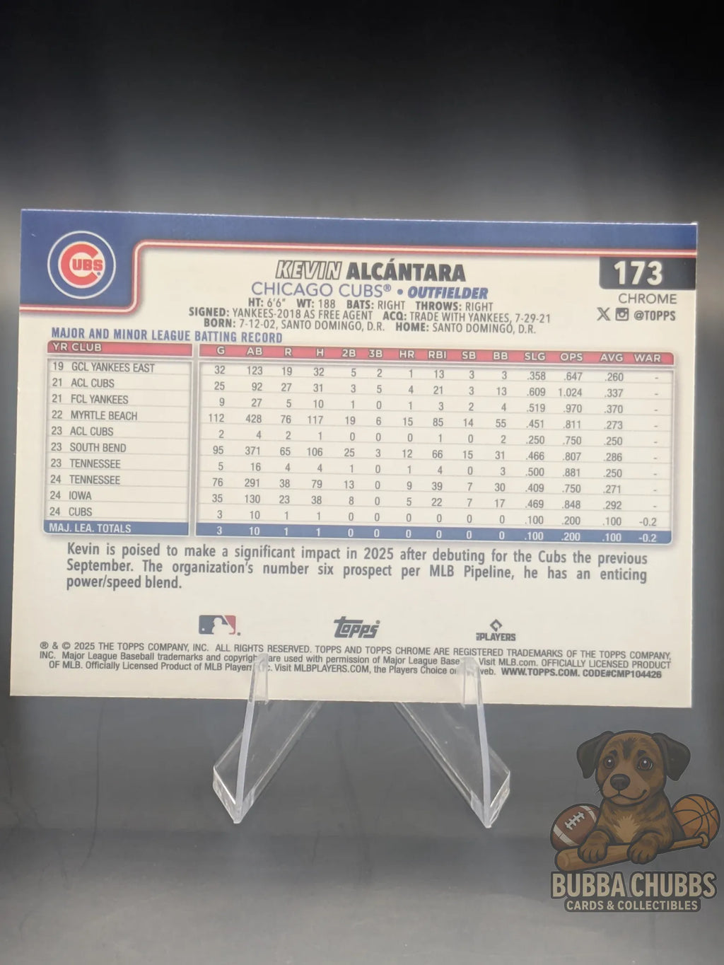 Baseball trading card of Kevin Alcantara Chicago Cubs Topps Chrome Rookie