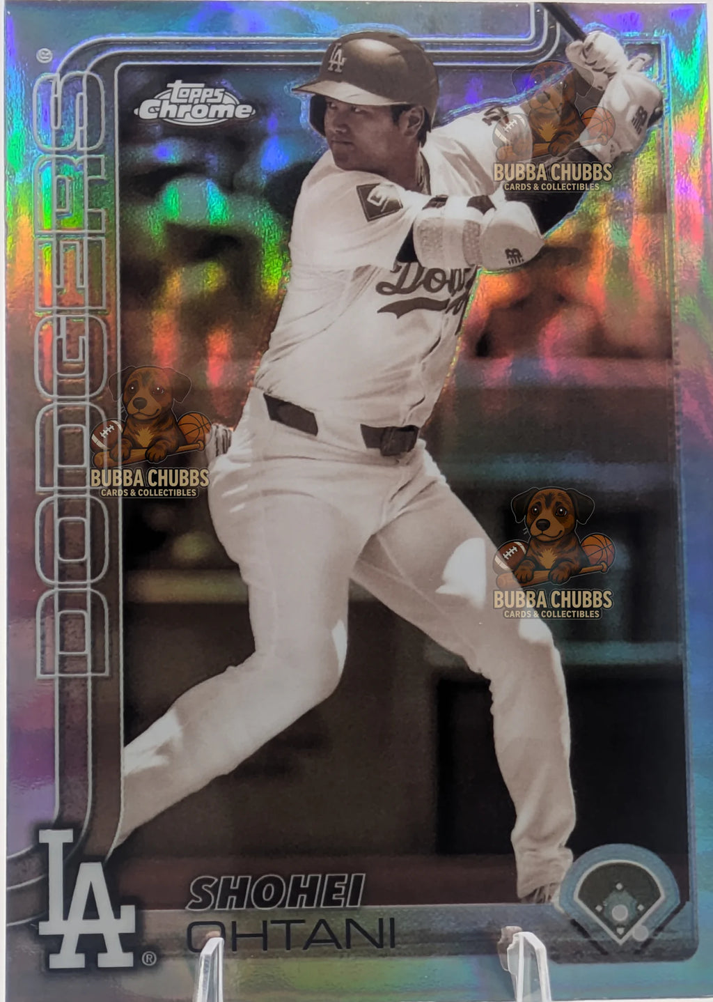 Baseball trading card of Shohei Ohtani in a Los Angeles Dodgers uniform Topps Chrome Sepia Refractor 