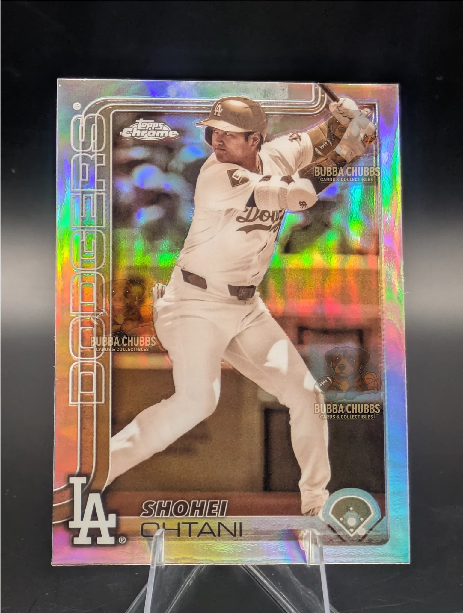 Baseball trading card of Shohei Ohtani in a Los Angeles Dodgers uniform Topps Chrome Sepia Refractor 