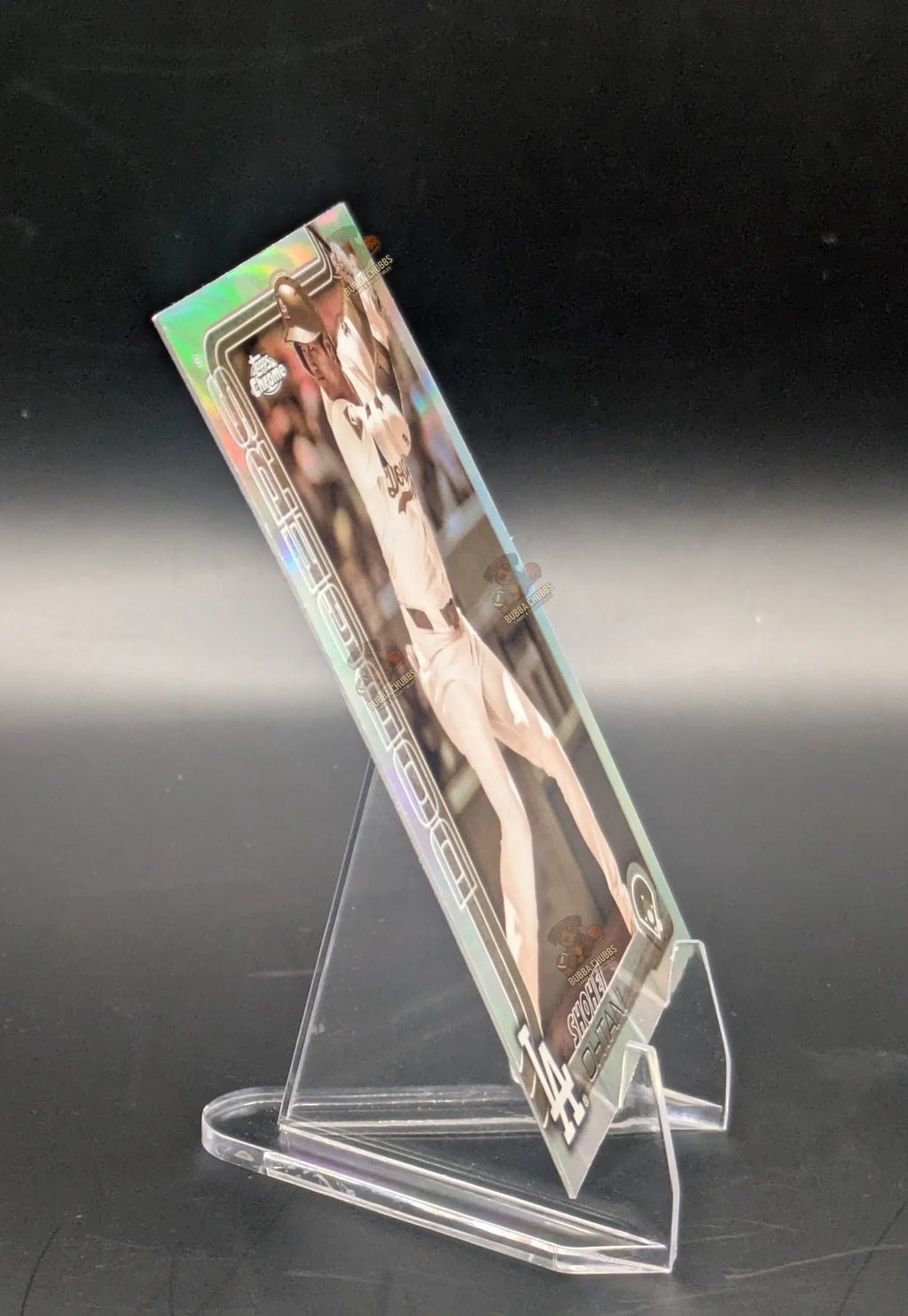 Baseball trading card of Shohei Ohtani in a Los Angeles Dodgers uniform Topps Chrome Sepia Refractor 