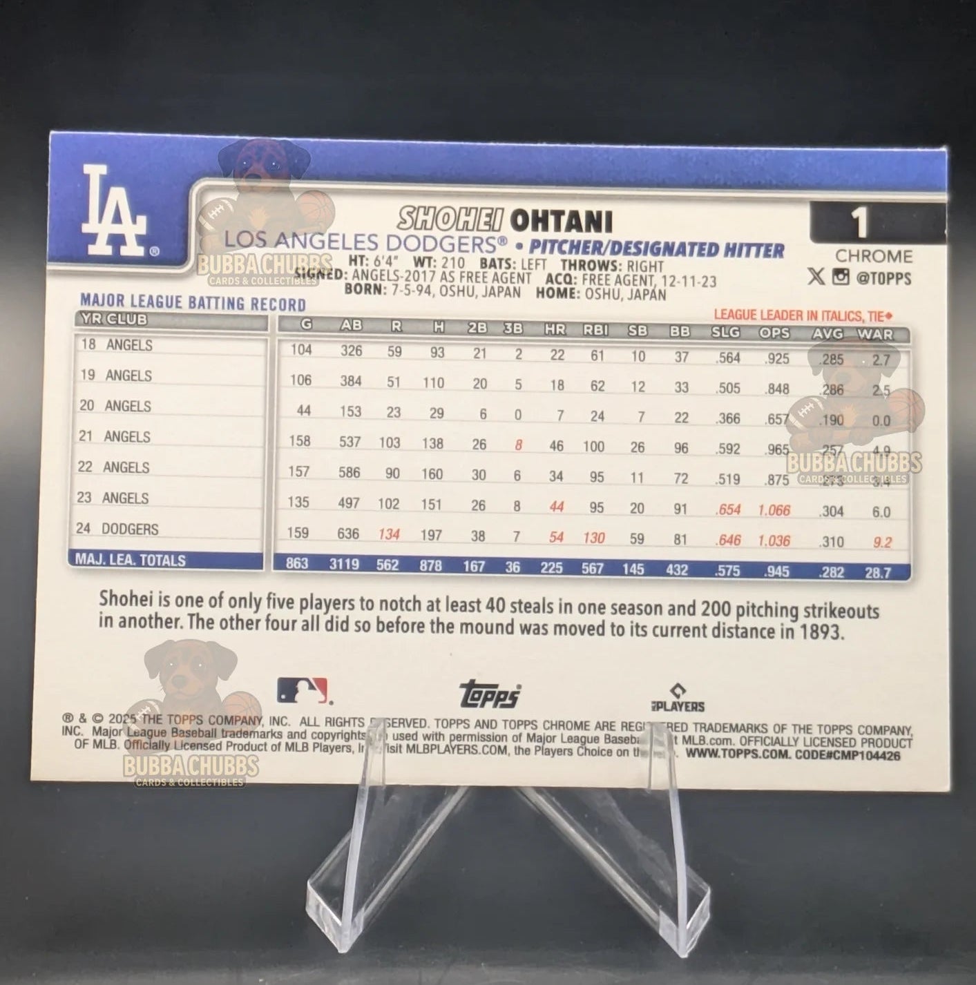 Baseball trading card of Shohei Ohtani in a Los Angeles Dodgers uniform Topps Chrome Sepia Refractor 