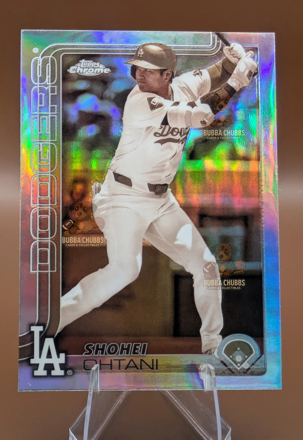 Baseball trading card of Shohei Ohtani in a Los Angeles Dodgers uniform Topps Chrome Sepia Refractor 
