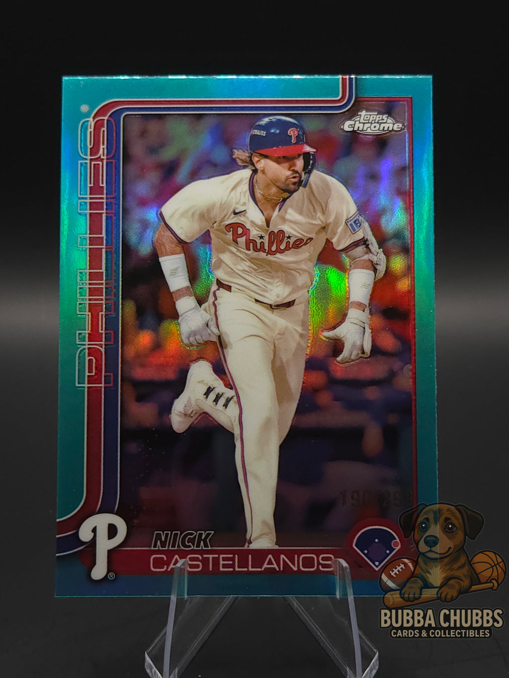 Baseball trading card of Nick Castellanos of the Phillies topps chrome teal refractor 