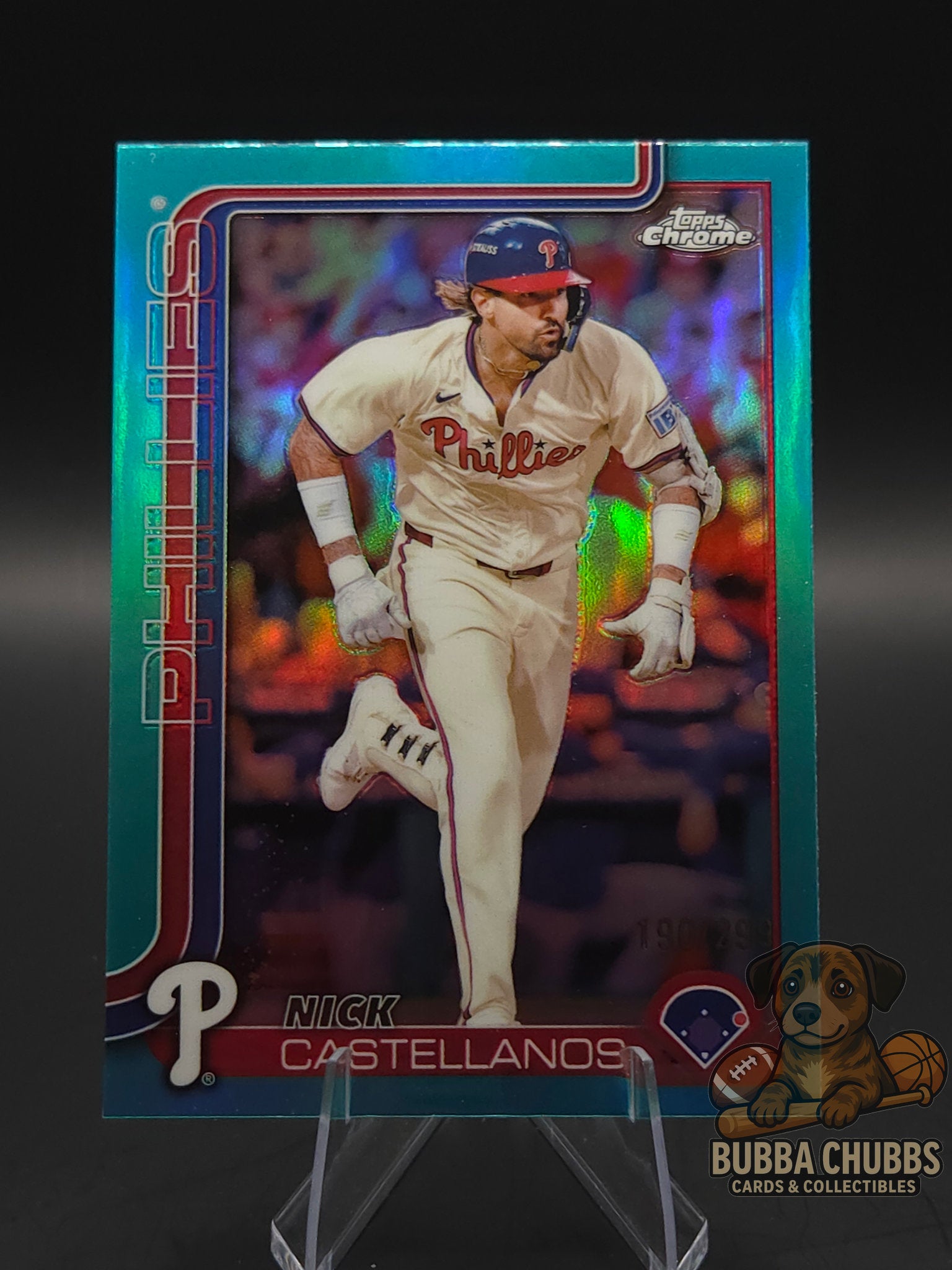 Baseball trading card of Nick Castellanos of the Phillies topps chrome teal refractor 
