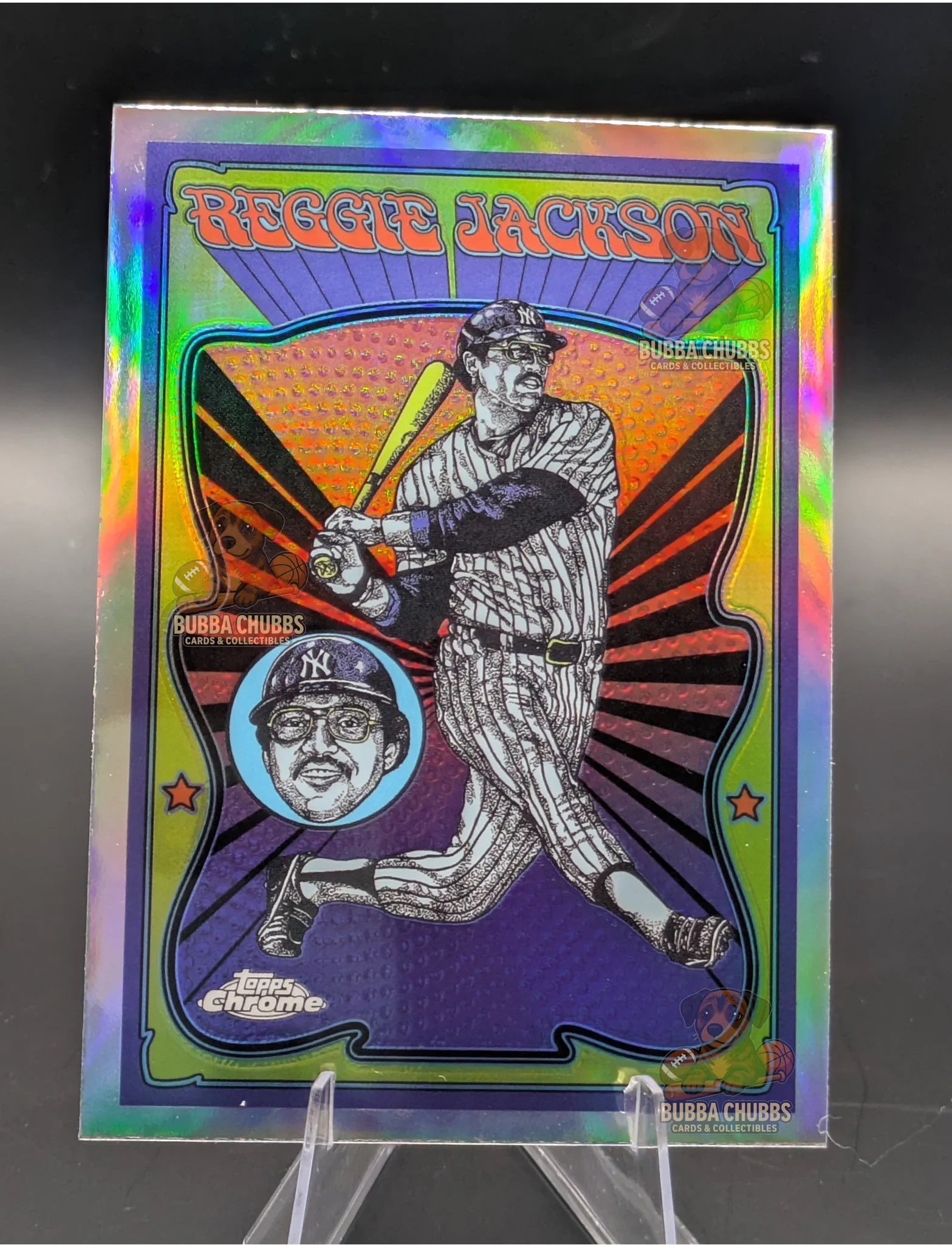 Baseball trading card of Reggie Jackson in a New York Yankees uniform Topps Chrome Ultra-Violet All-Star