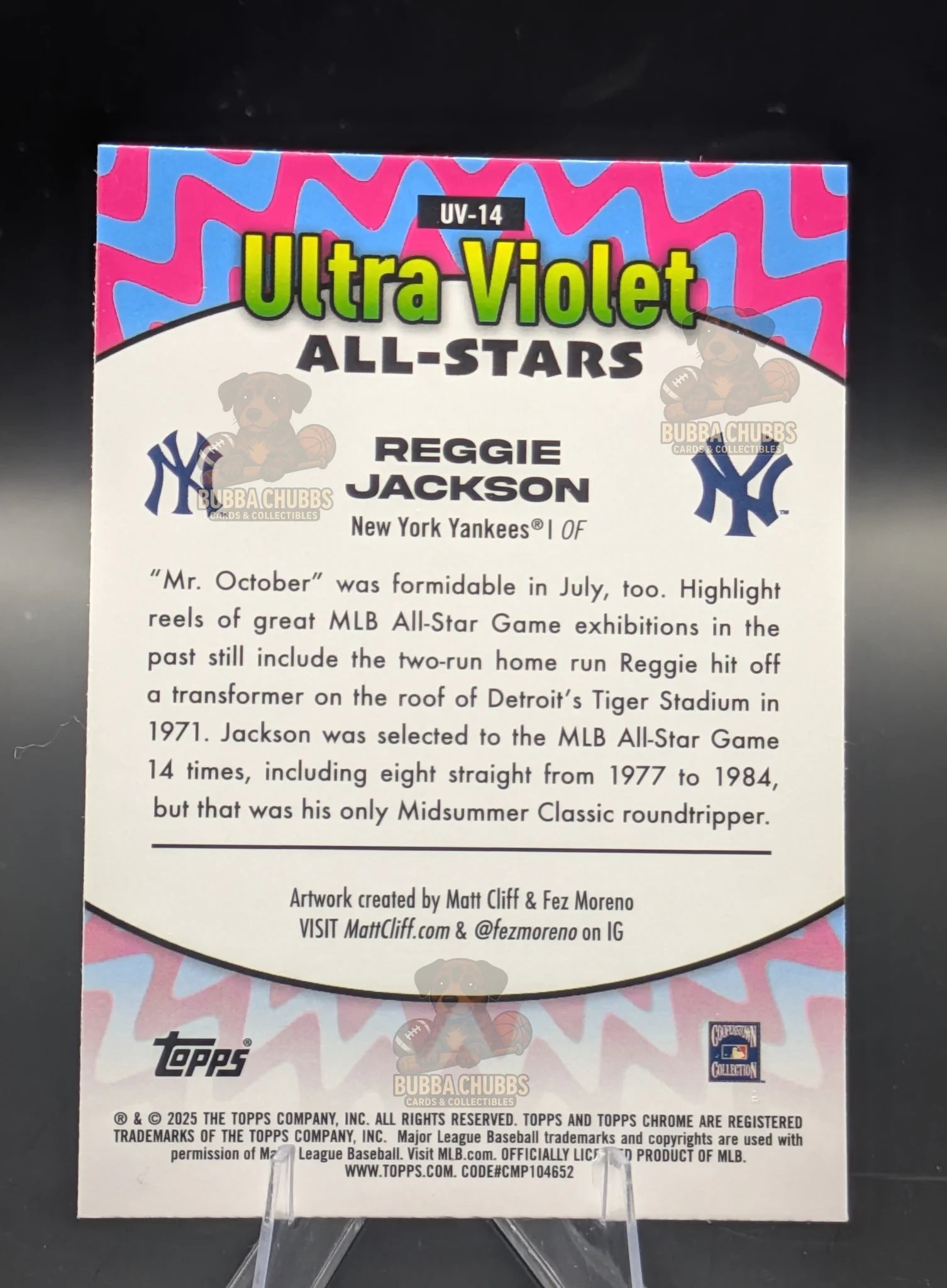 Baseball trading card of Reggie Jackson in a New York Yankees uniform Topps Chrome Ultra-Violet All-Star