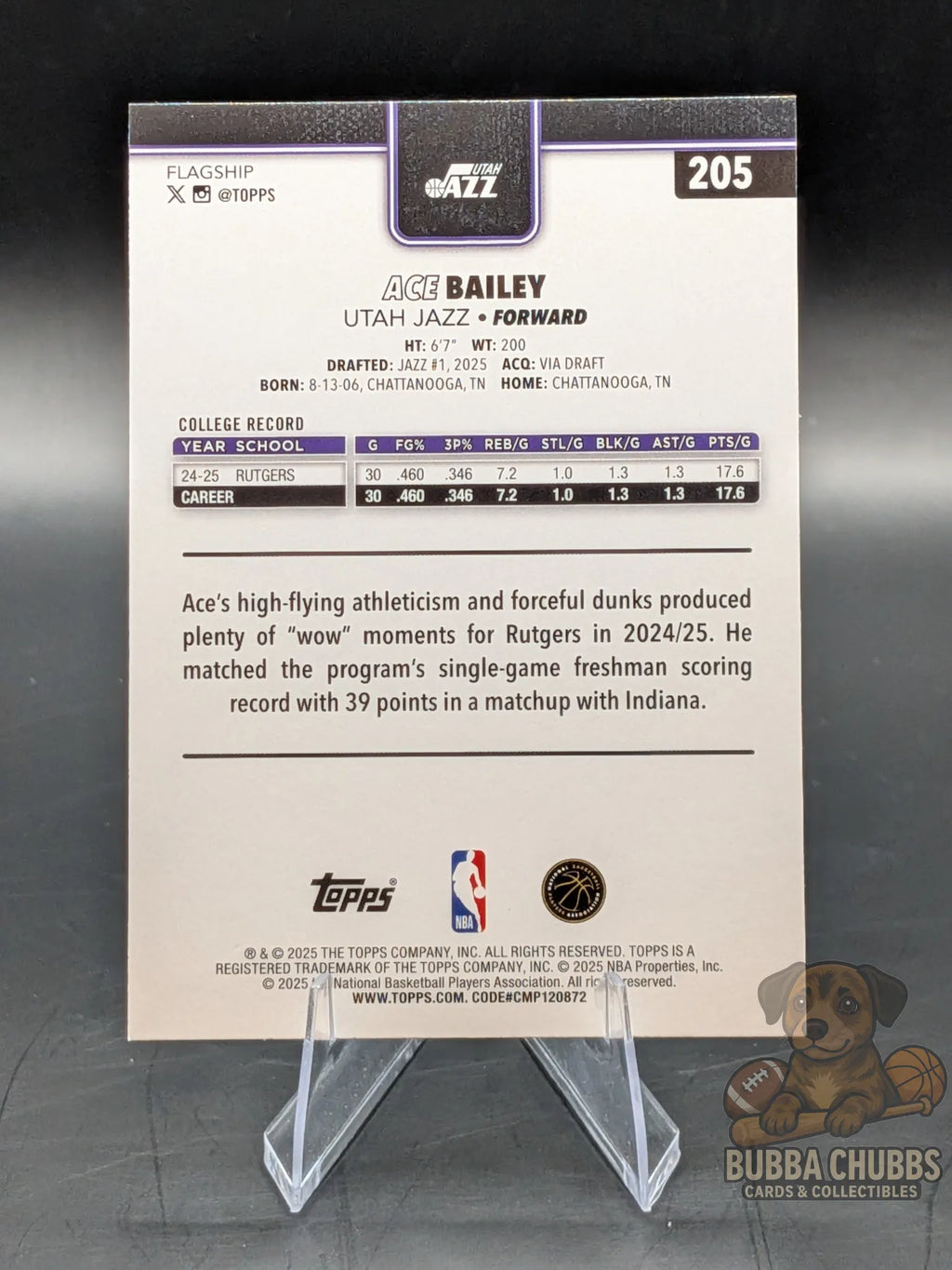 Basketball trading card featuring Ace Bailey of the Utah Jazz Topps Flagship rookie