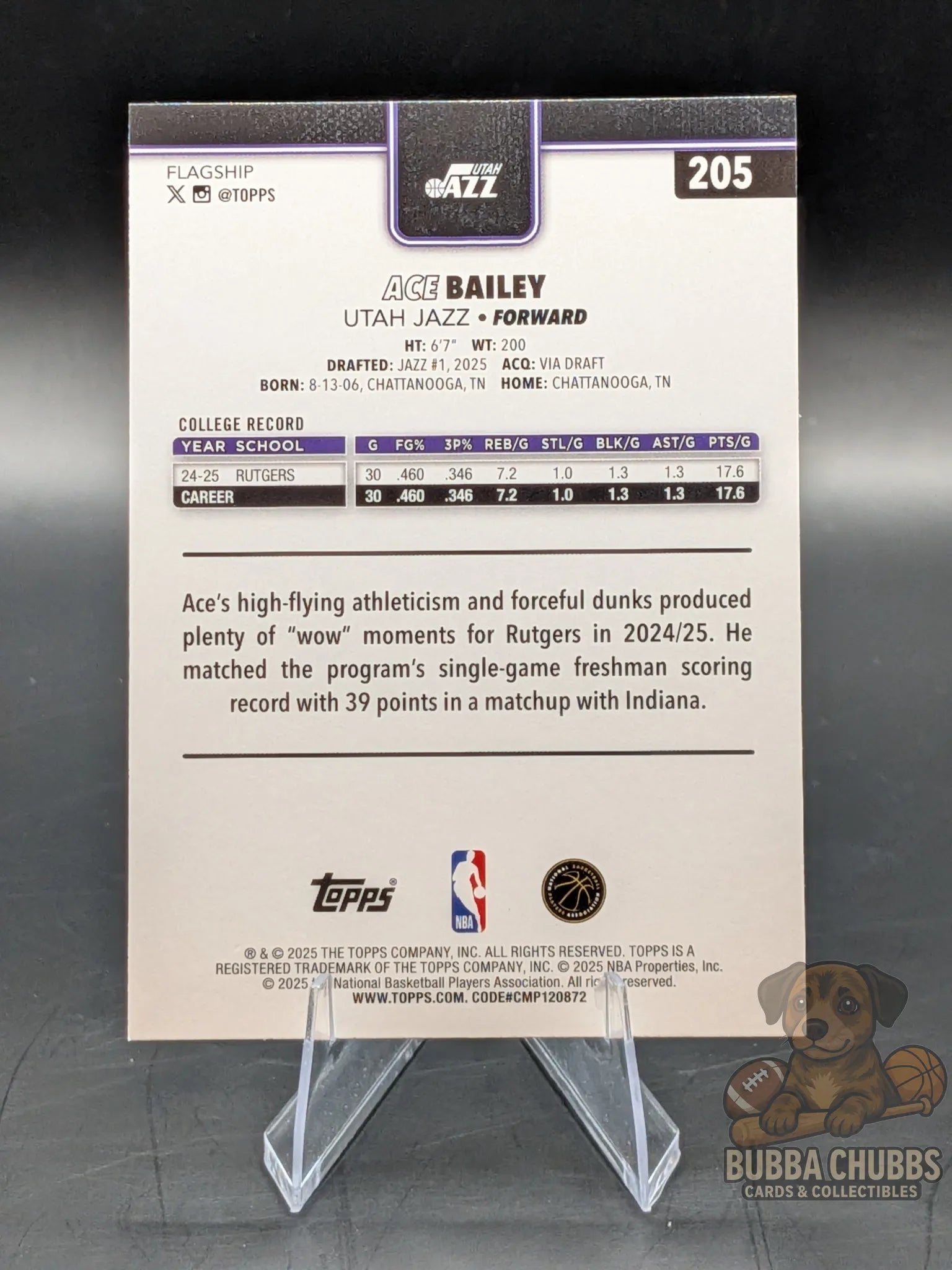Basketball trading card featuring Ace Bailey of the Utah Jazz Topps Flagship rookie