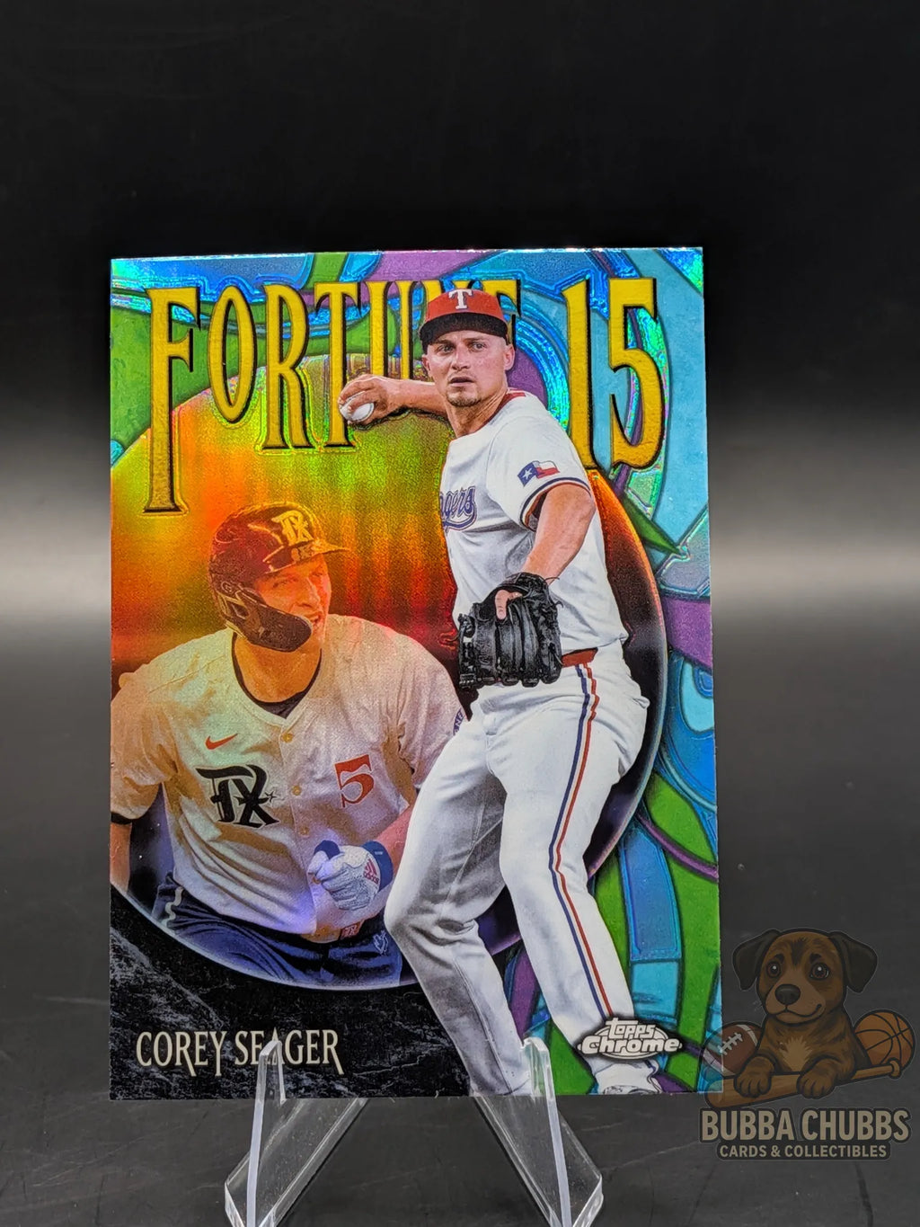 Baseball trading card featuring Corey Seager of the Texas Rangers topps chrome fortune 15 parallel