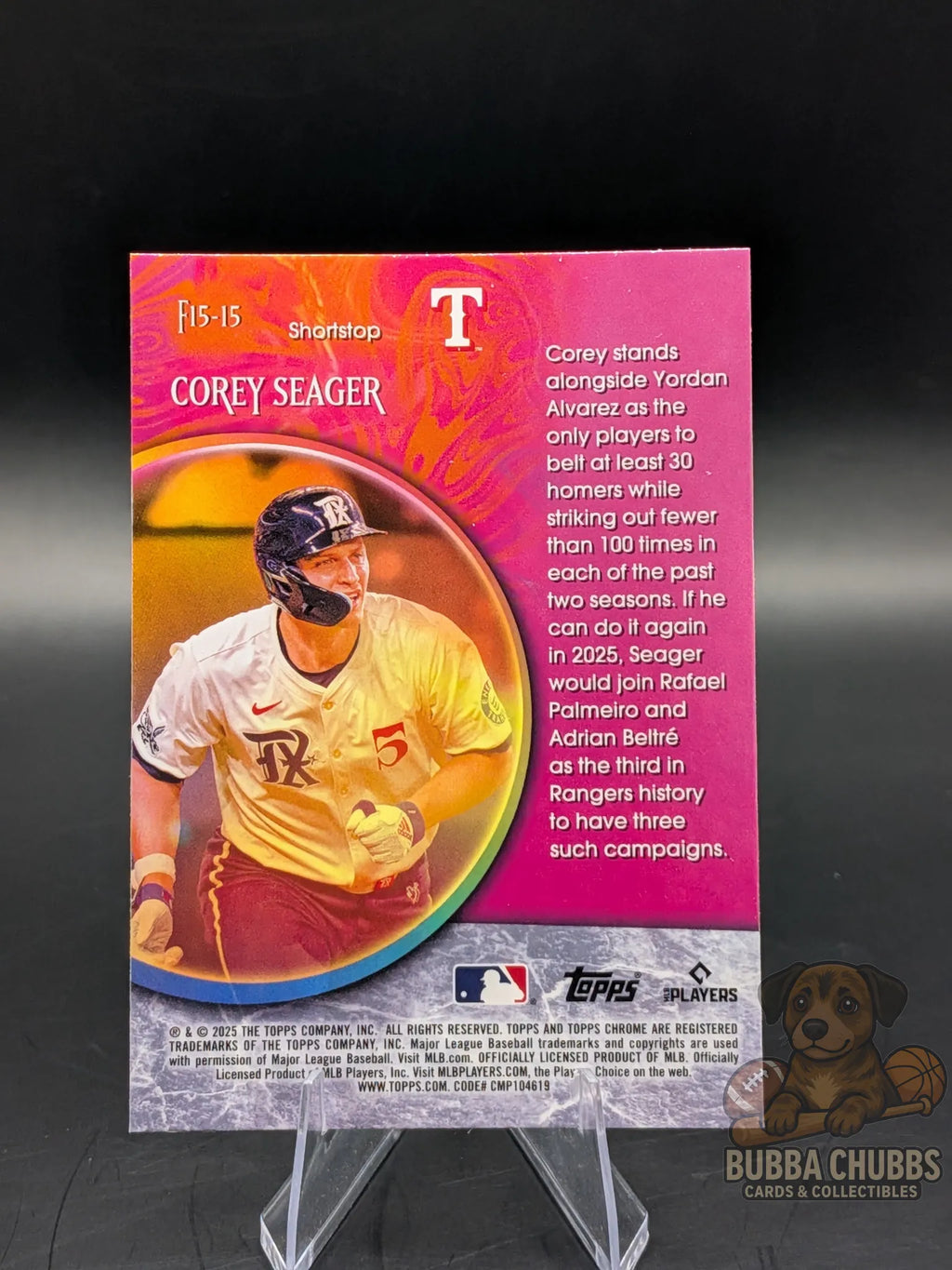 Baseball trading card featuring Corey Seager of the Texas Rangers topps chrome fortune 15 parallel