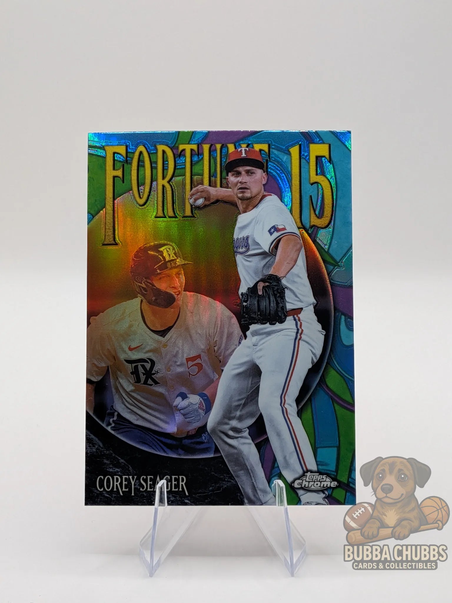 Baseball trading card featuring Corey Seager of the Texas Rangers topps chrome fortune 15 parallel