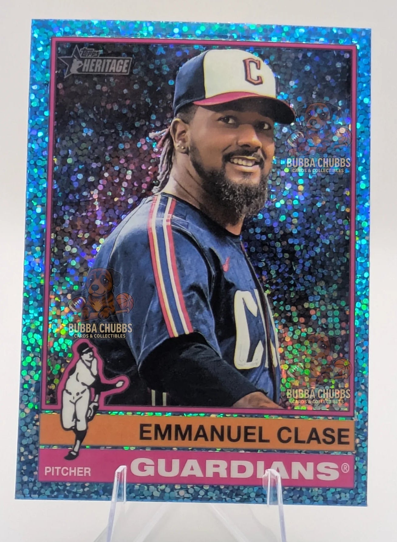 Baseball trading card of Emmanuel Clase with parallel blue glitter sparkle Clevland Guardians Topps Heritage