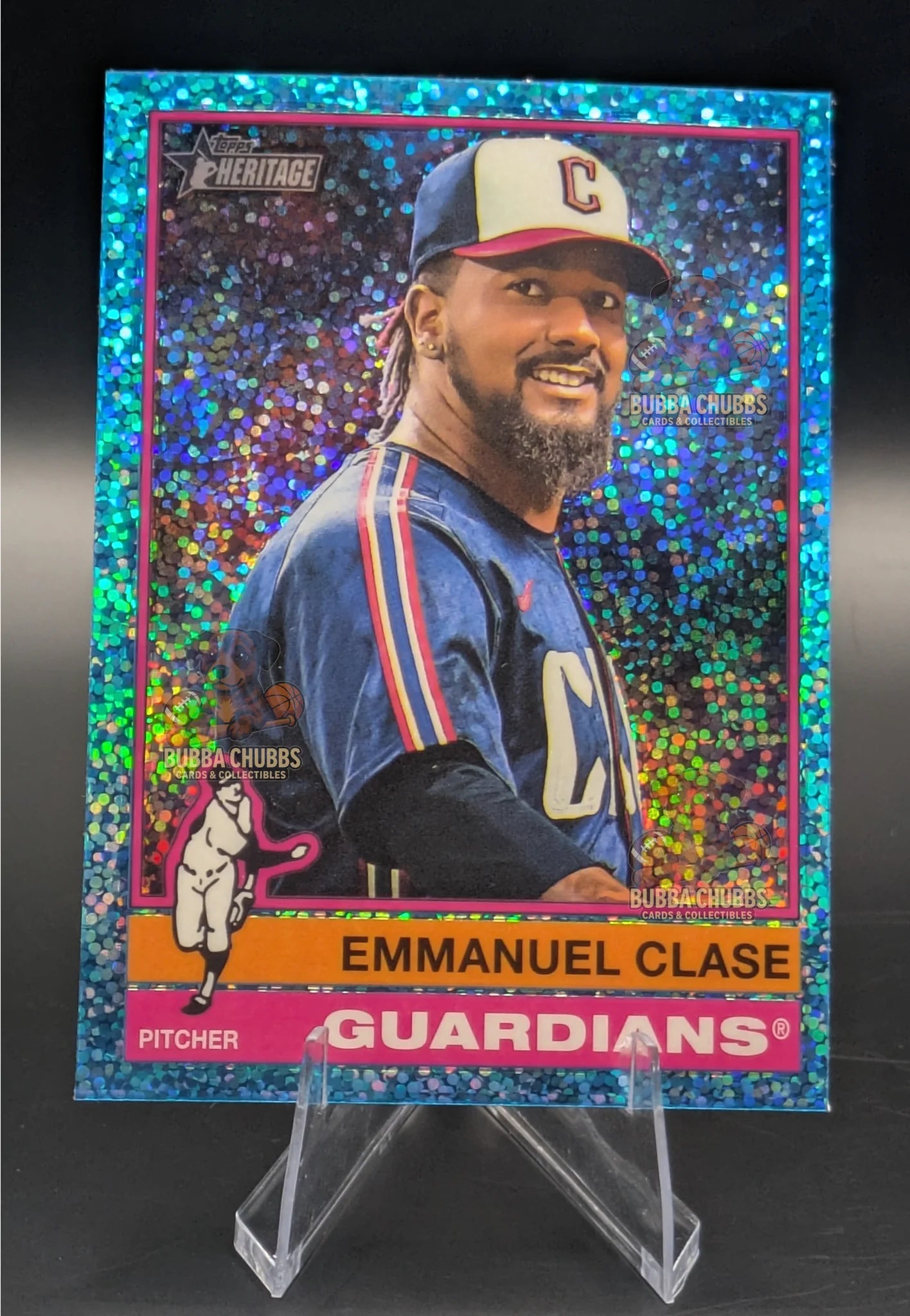 Baseball trading card of Emmanuel Clase with parallel blue glitter sparkle Clevland Guardians Topps Heritage