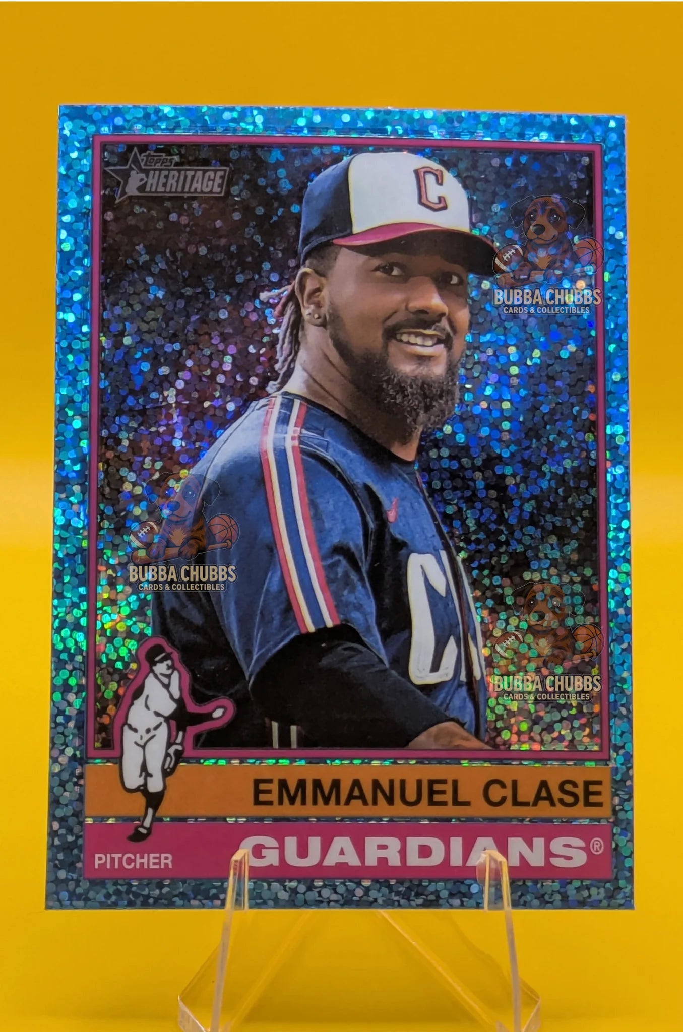 Baseball trading card of Emmanuel Clase with parallel blue glitter sparkle Clevland Guardians Topps Heritage